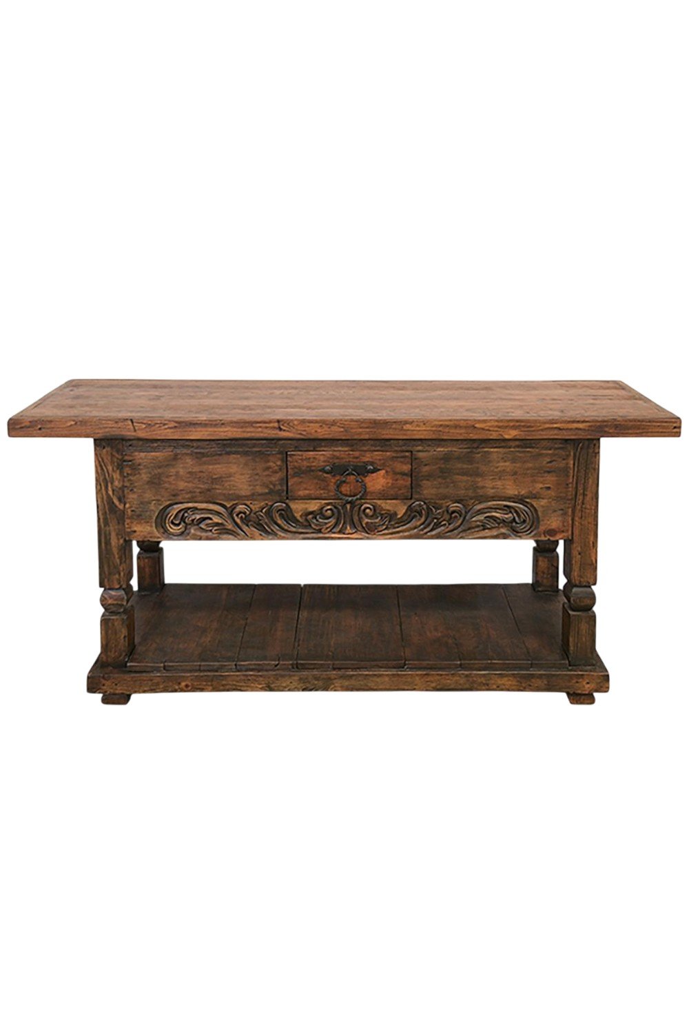 Shop the Alamosa Old Door Console Table handmade in Mexico. Reclaimed old door top, carved details, iron hardware, and rustic hacienda style.