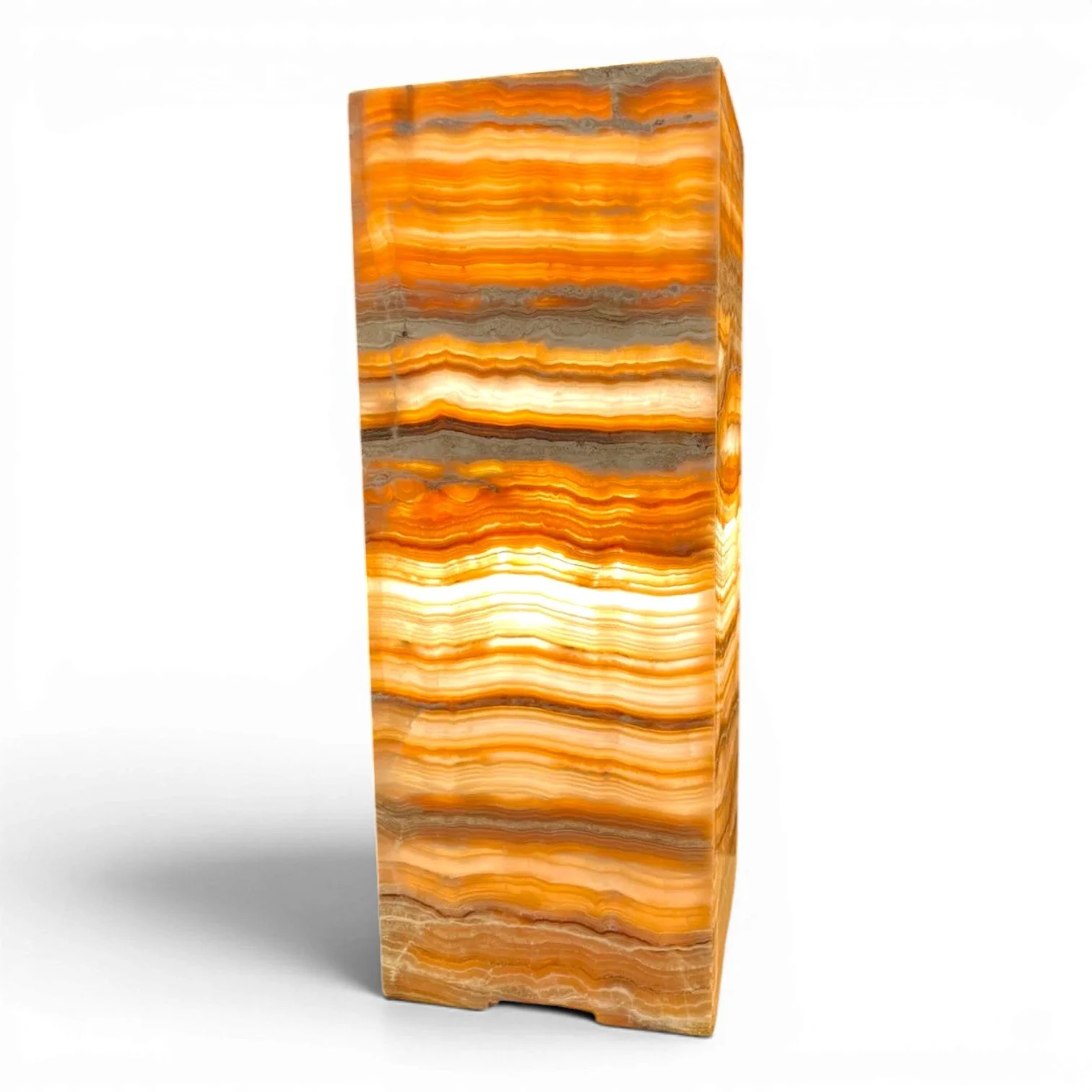Handmade Mexican square onyx lamp with warm glowing natural stone and coastal luxury style