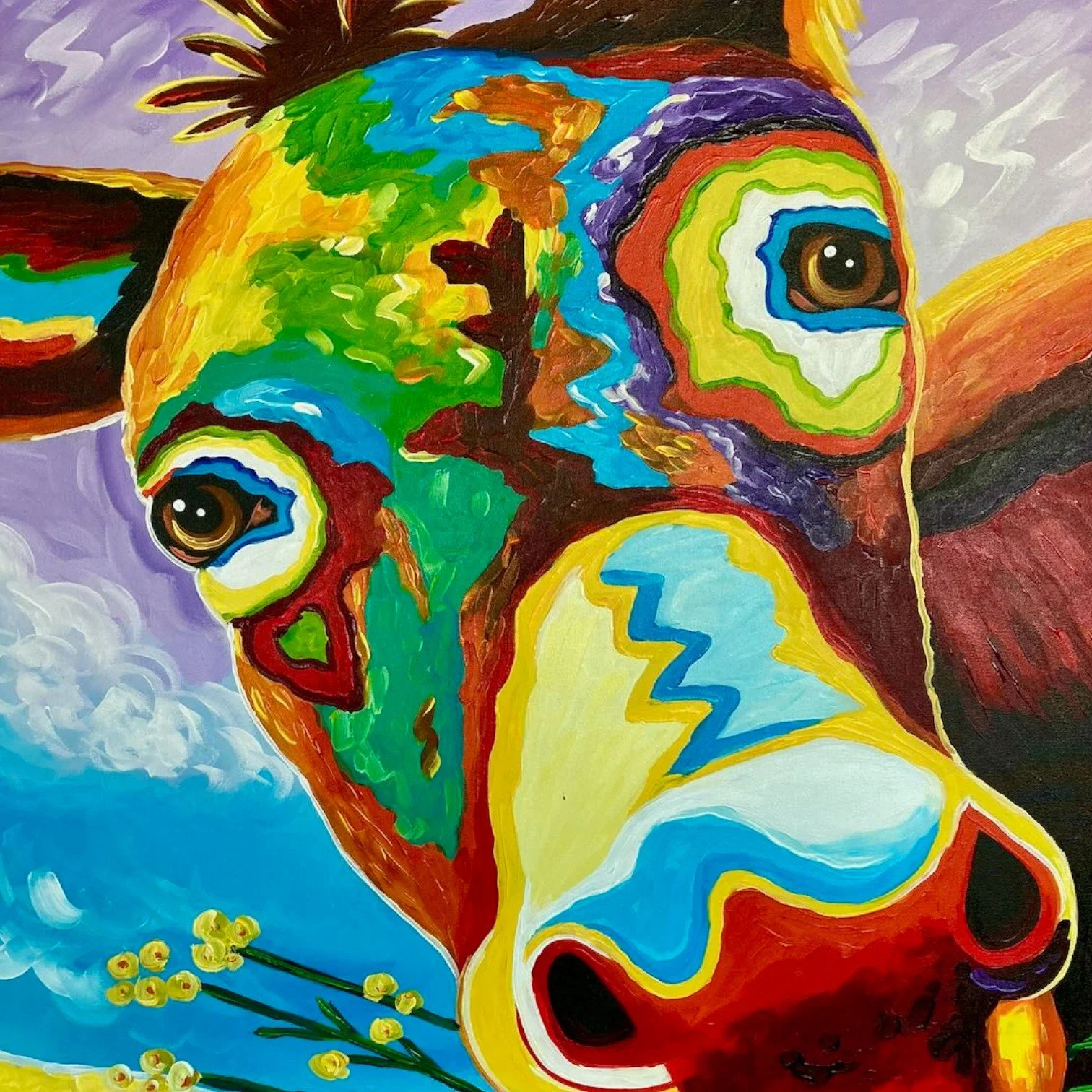 Hand-painted Mexican El Burro Feliz happy donkey canvas artwork featuring a colorful close-up portrait