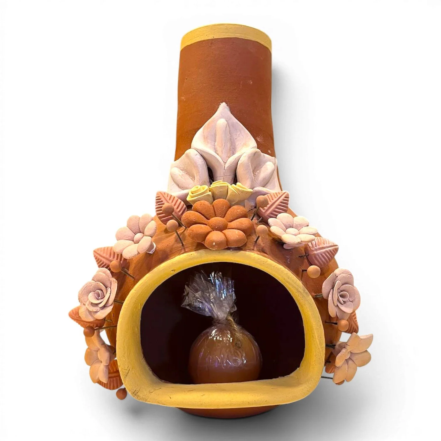 Handmade Mexican Clay Flower Chiminea with detailed floral design and neutral finish for tabletop décor.