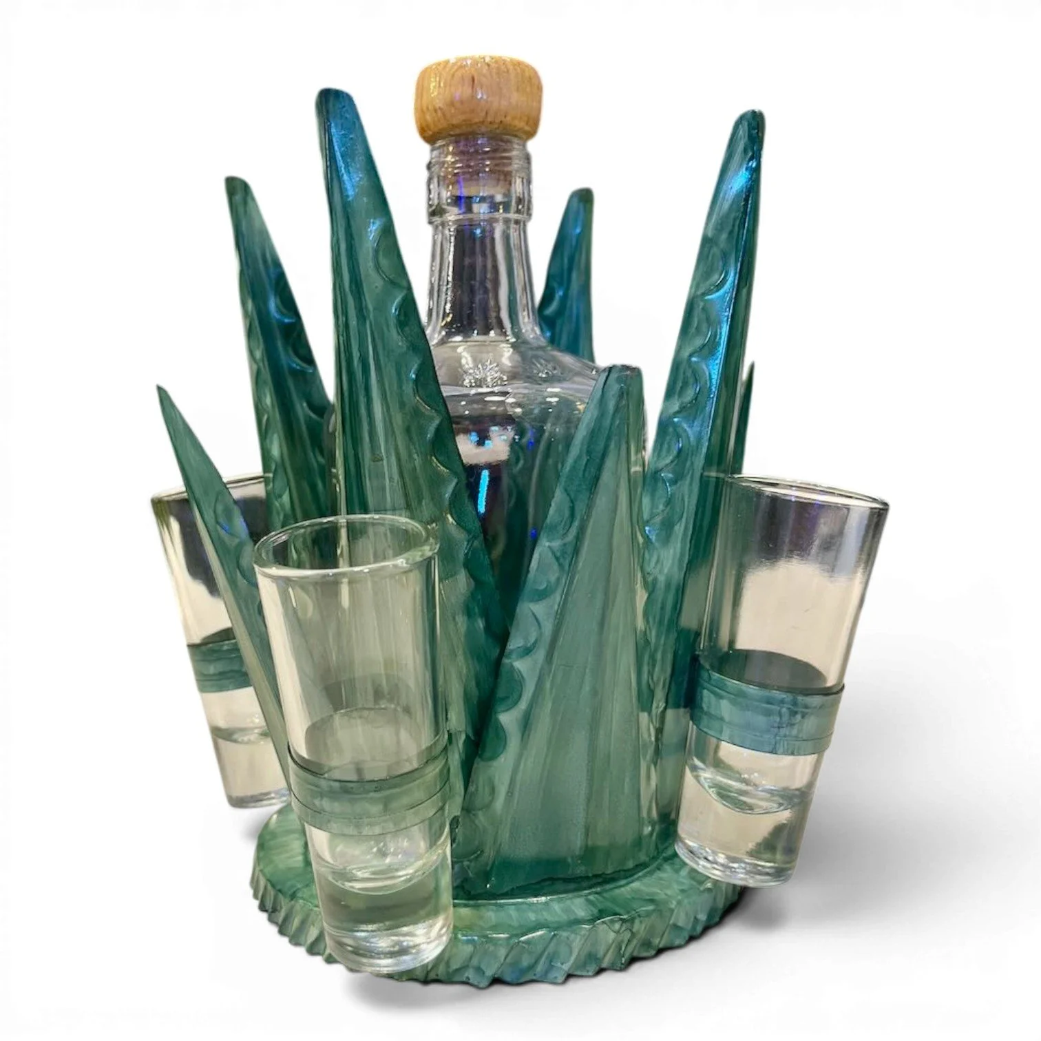 Small handmade Mexican metal agave tequila set with agave green holder, tequila bottle, and four shot glasses
