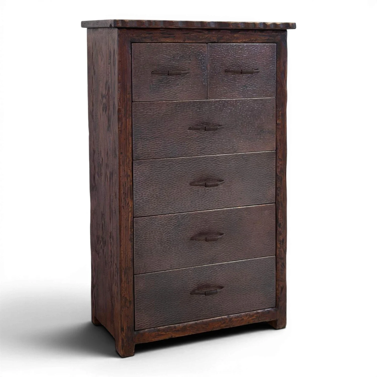 Handmade Cheyenne Cobre Live Edge chest with hand-hammered copper live edge top, reclaimed wood frame, and six drawers crafted in Mexico.