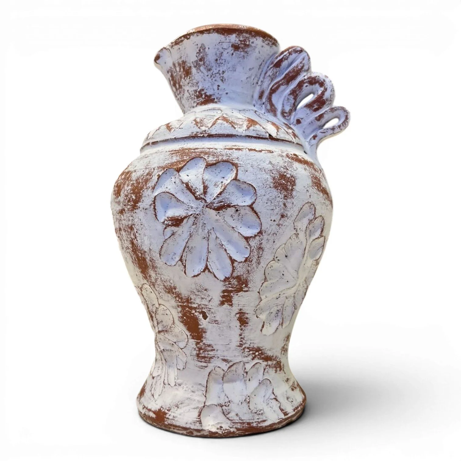 Handmade Mexican Jarra Blanca clay pitcher vase with distressed whitewashed finish, decorative flower, and ribbon handle