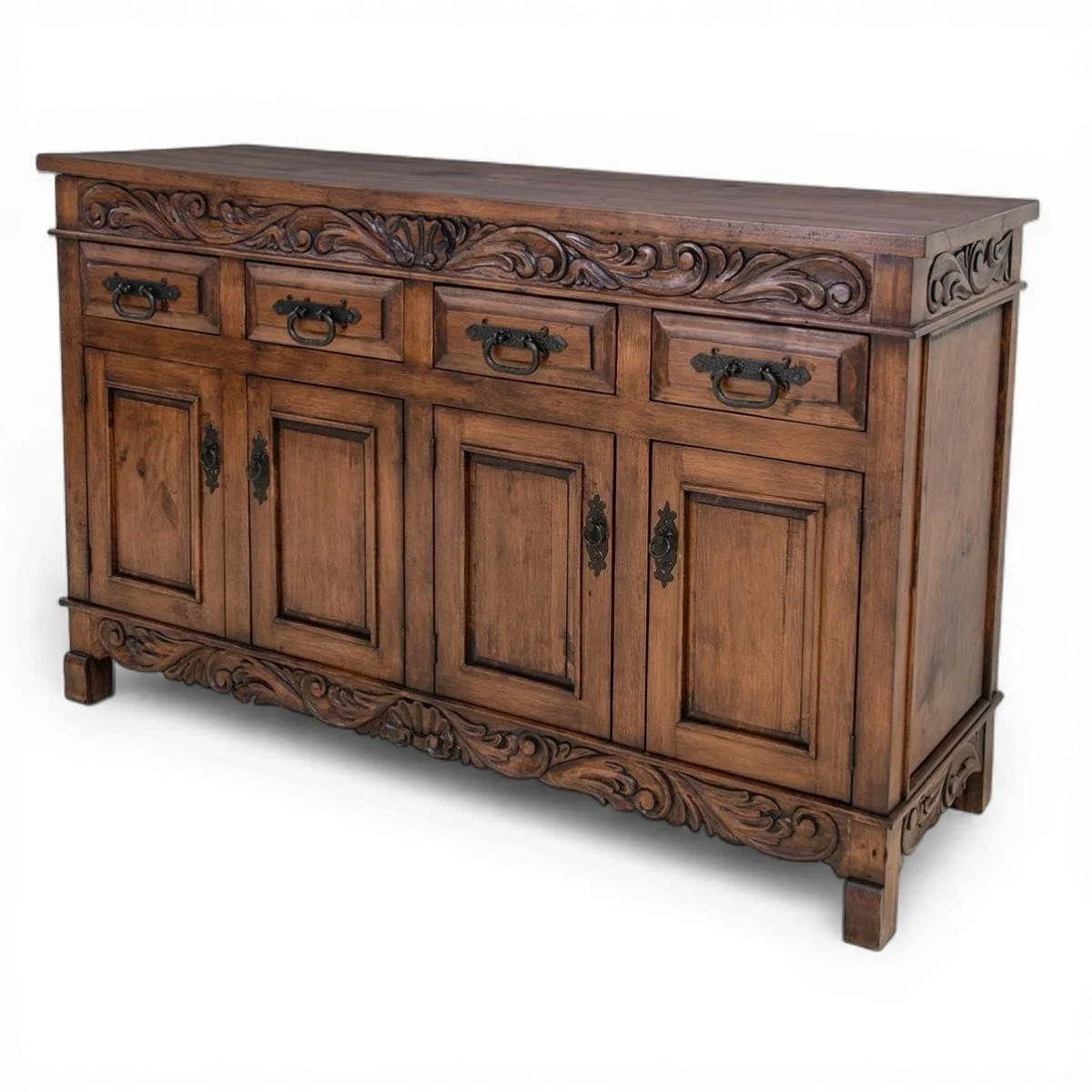 Handmade Las Cuevas Especial dark rustic buffet with hand-carved details and iron hardware crafted in Mexico.