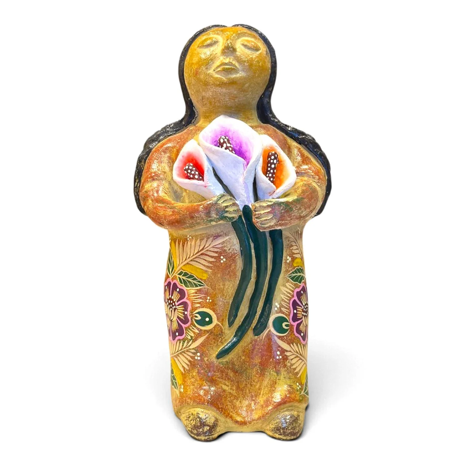 Handmade Mexican clay figure of a woman holding three calla lilies