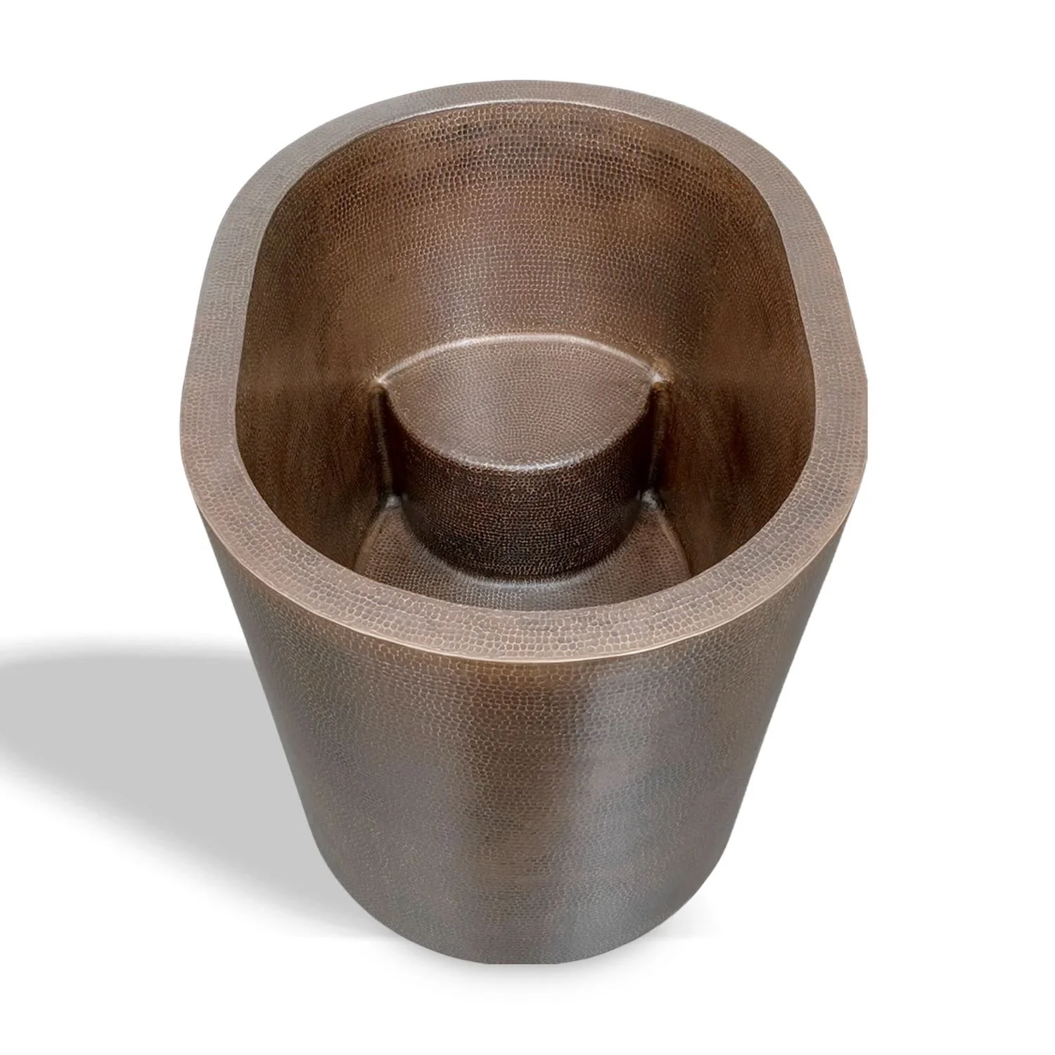 Handmade Hacienda 48-inch hammered copper oval Japanese soaking tub with built-in copper seat and oil rubbed bronze finish.