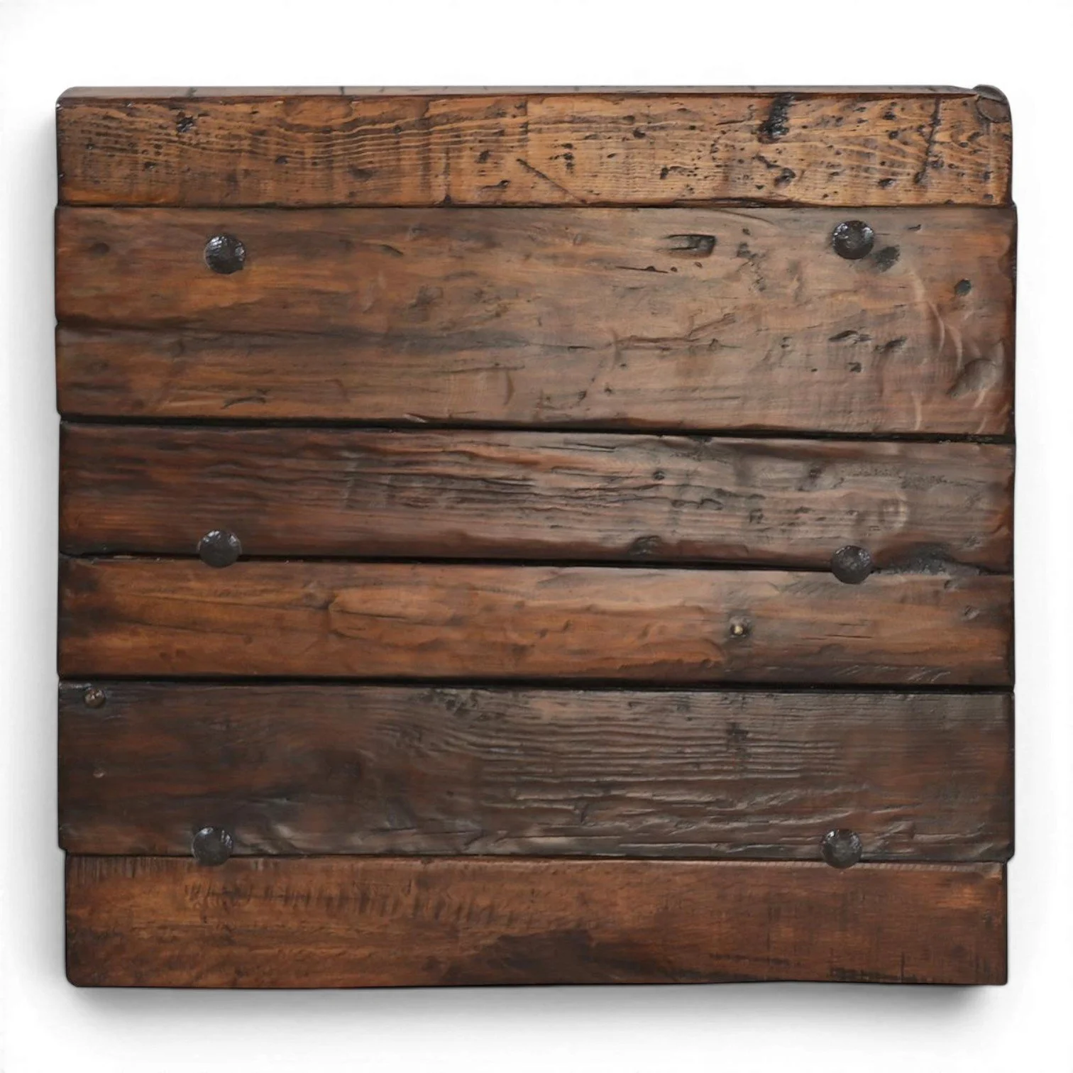 Handmade Amaya End Table crafted from reclaimed wood with dark stain finish and decorative iron clavos accents.
