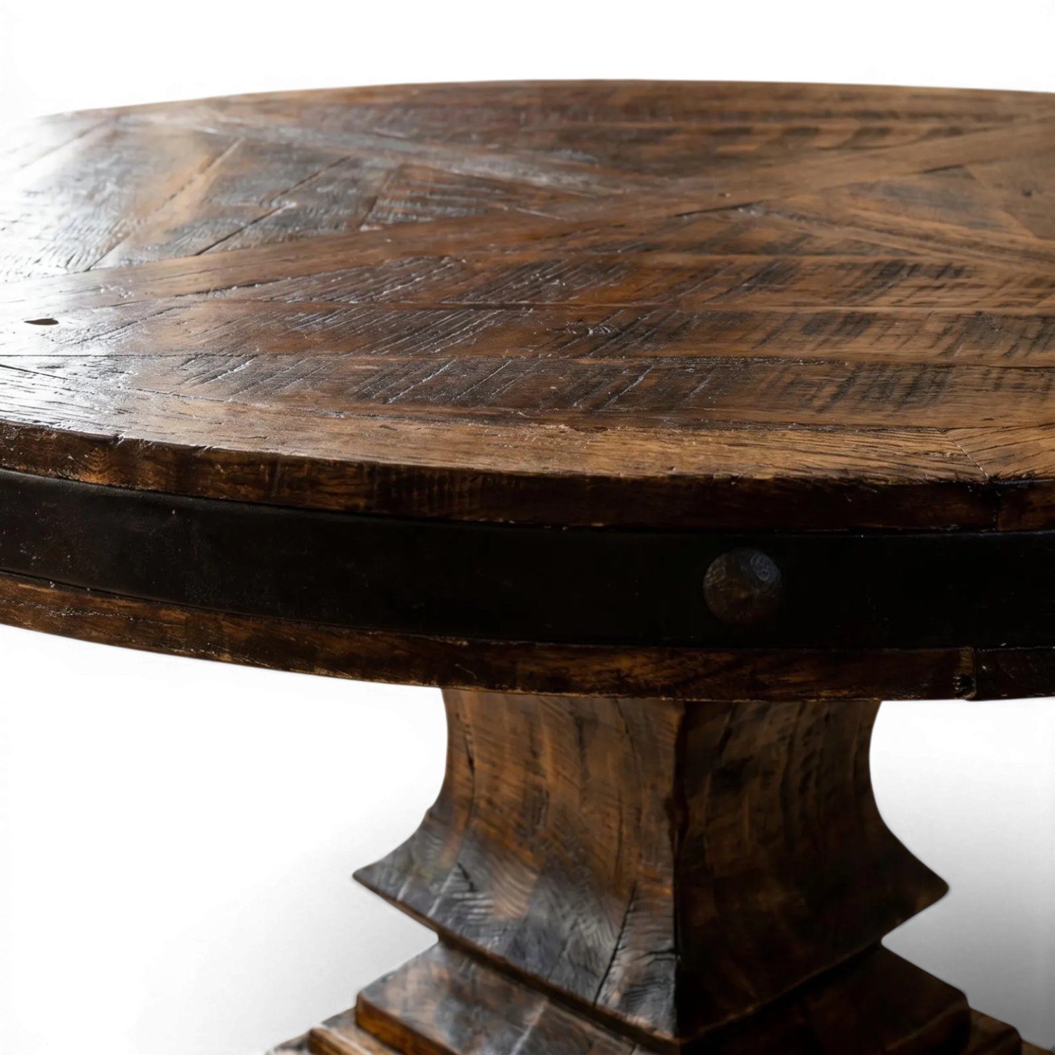 Hacienda Rustica Redonda handmade reclaimed wood dining table from Mexico with iron trim, decorative clavos, pedestal base, and rich dark stained finish.