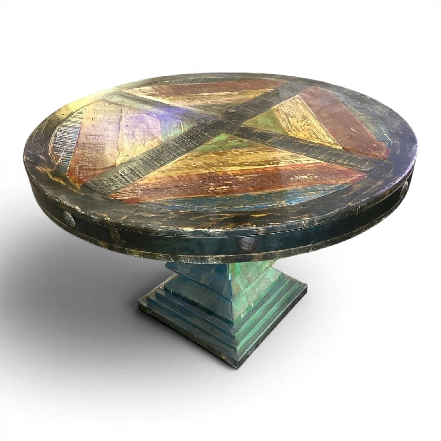 Handmade Mexican round reclaimed wood dining table with hand-painted top, iron trim, and clavos