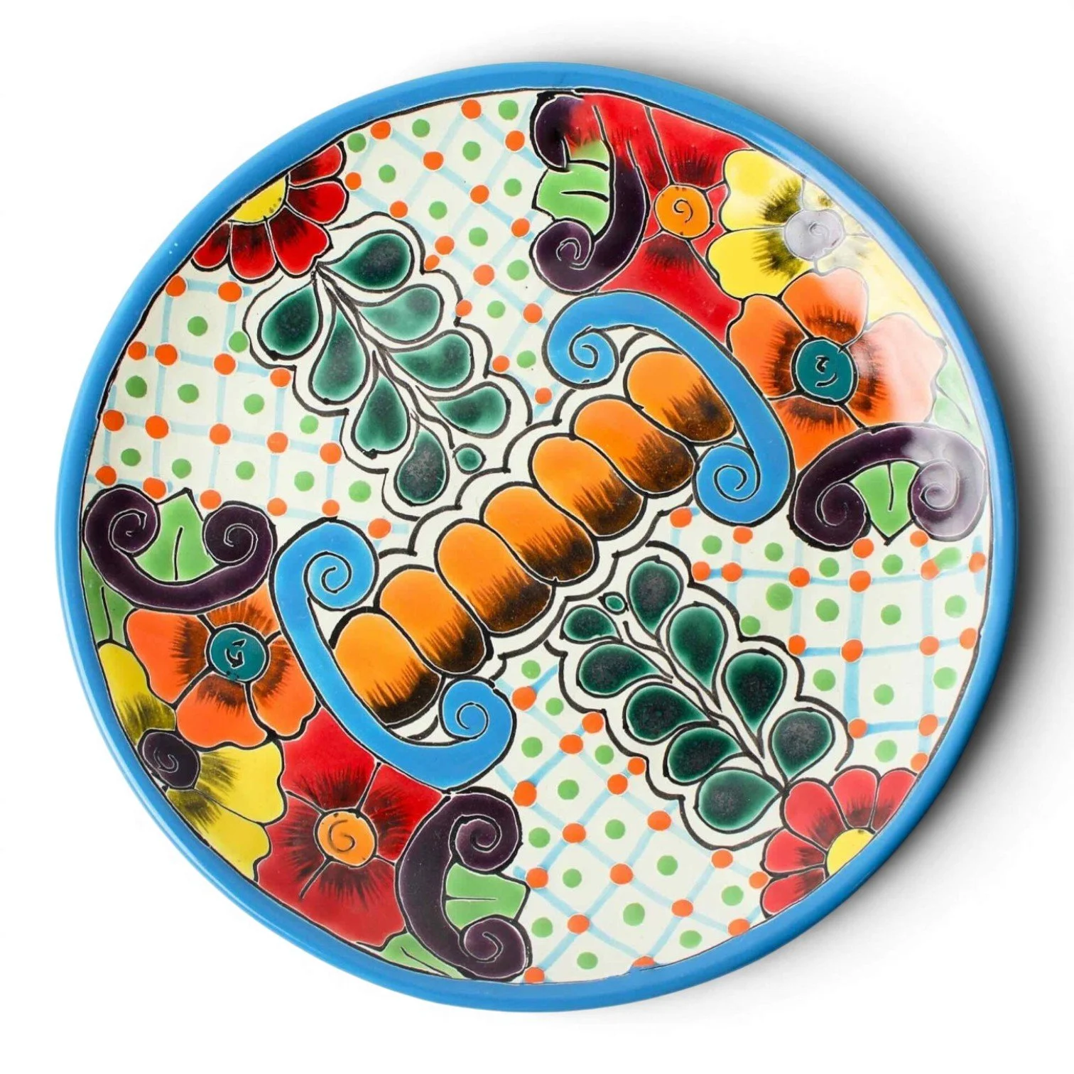 Handmade Mexican Talavera 10-inch dinner plate with colorful hand-painted design and assorted rim colors