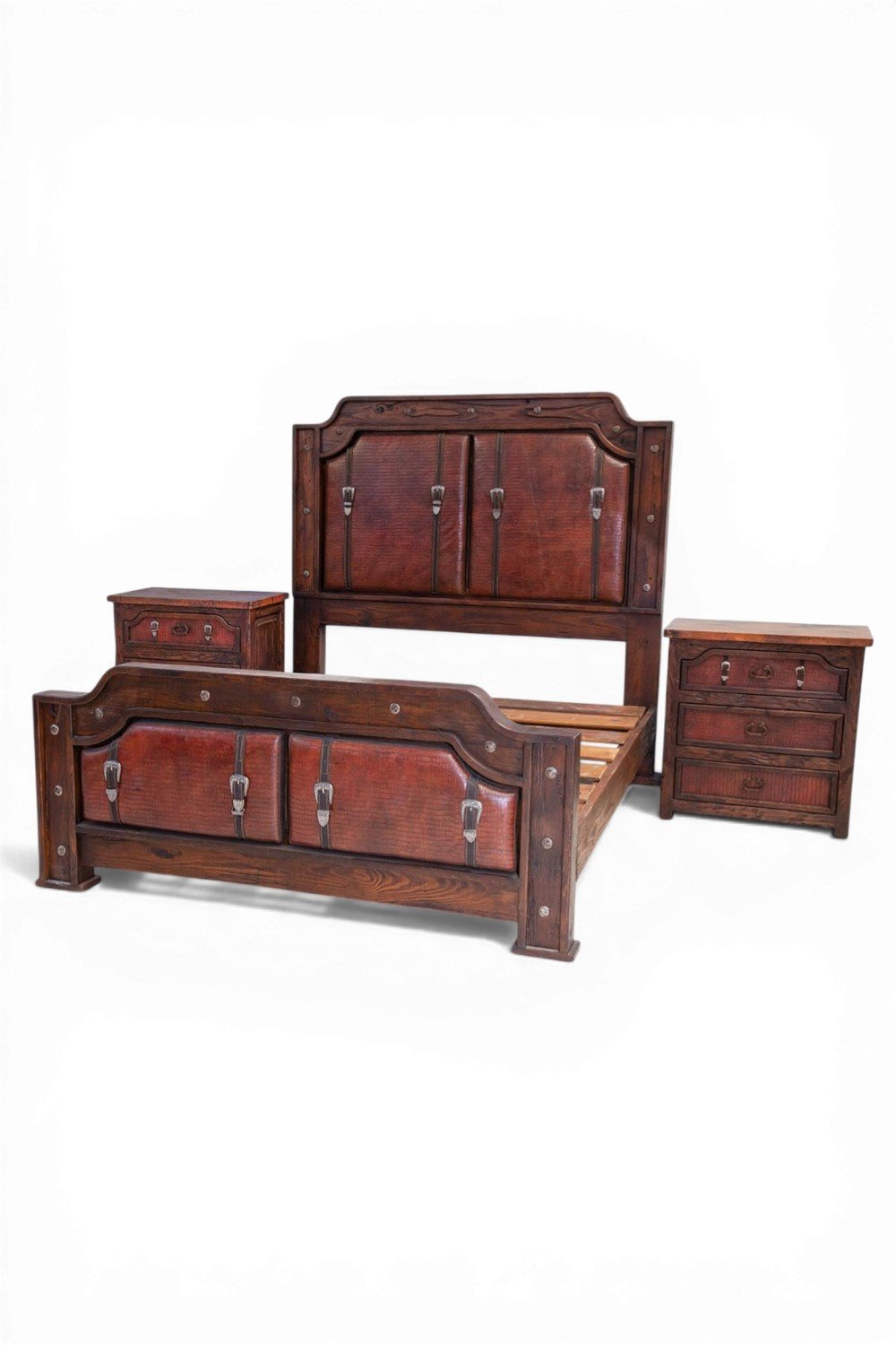 Shop a handmade croc print leather bed from Mexico. Rustic luxury design with wood frame, leather accents, and hacienda-style craftsmanship.