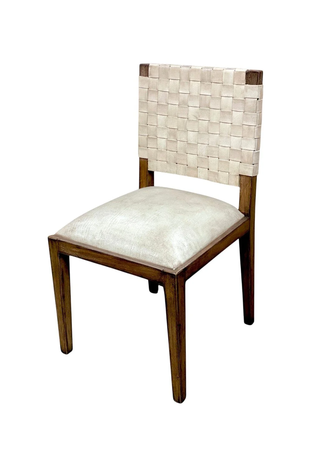 Shop the Malibu Woven Leather Dining Chair handmade in Peru. Woven leather back, white leather seat, and dark wood frame for coastal and modern rustic interiors.