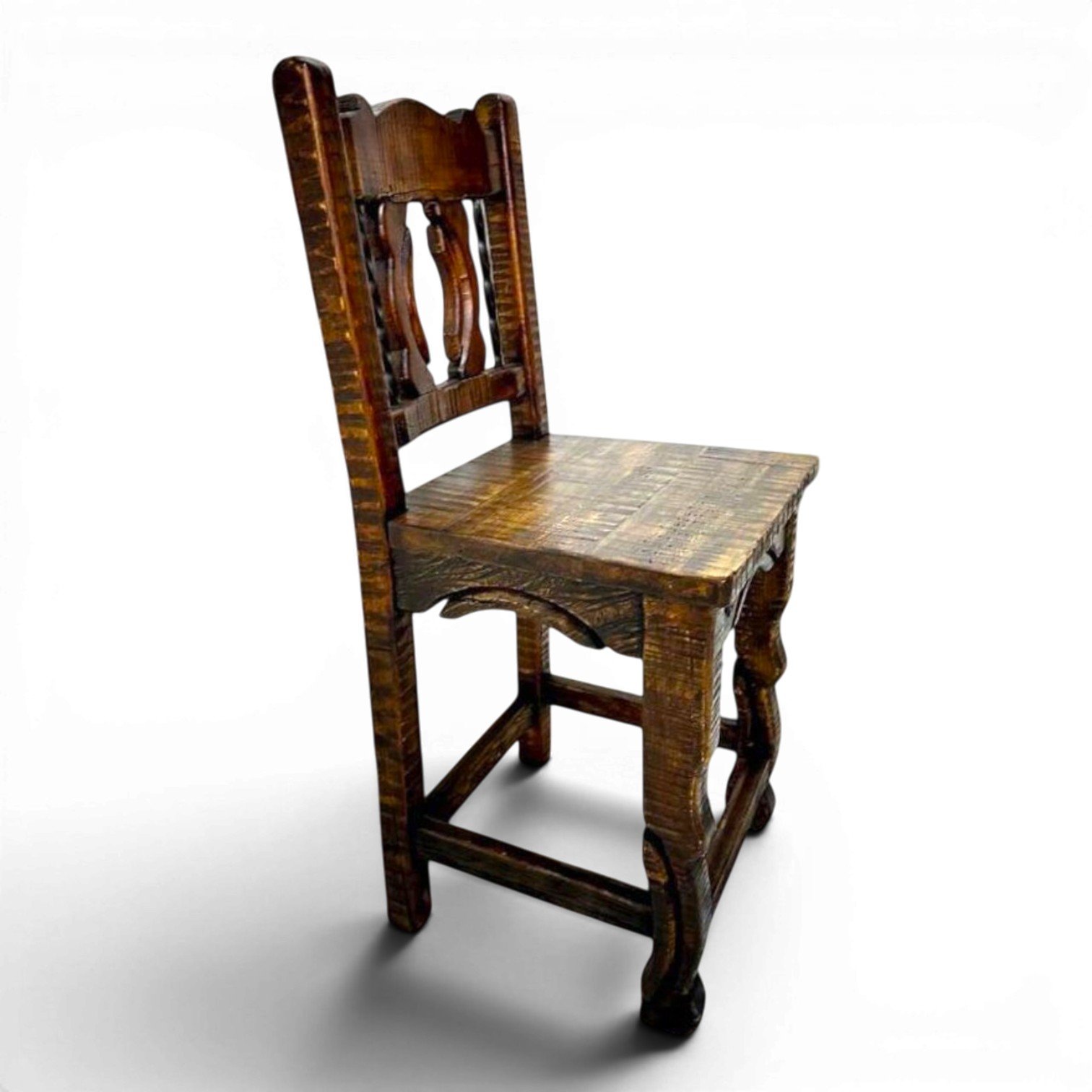 Handmade Mexican San Juanito bar stool with yoke-style backrest, twisted iron accents, carved legs, and dark stained finish