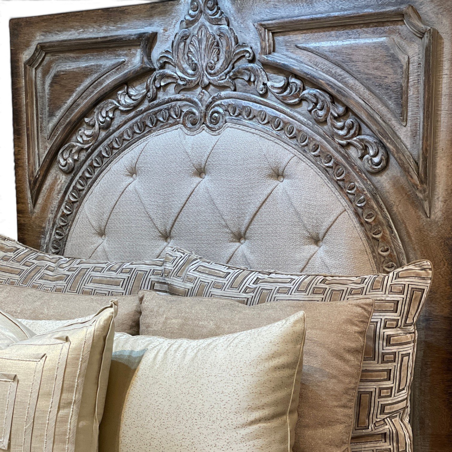 Handmade whitewashed king bed with button-tufted upholstered headboard