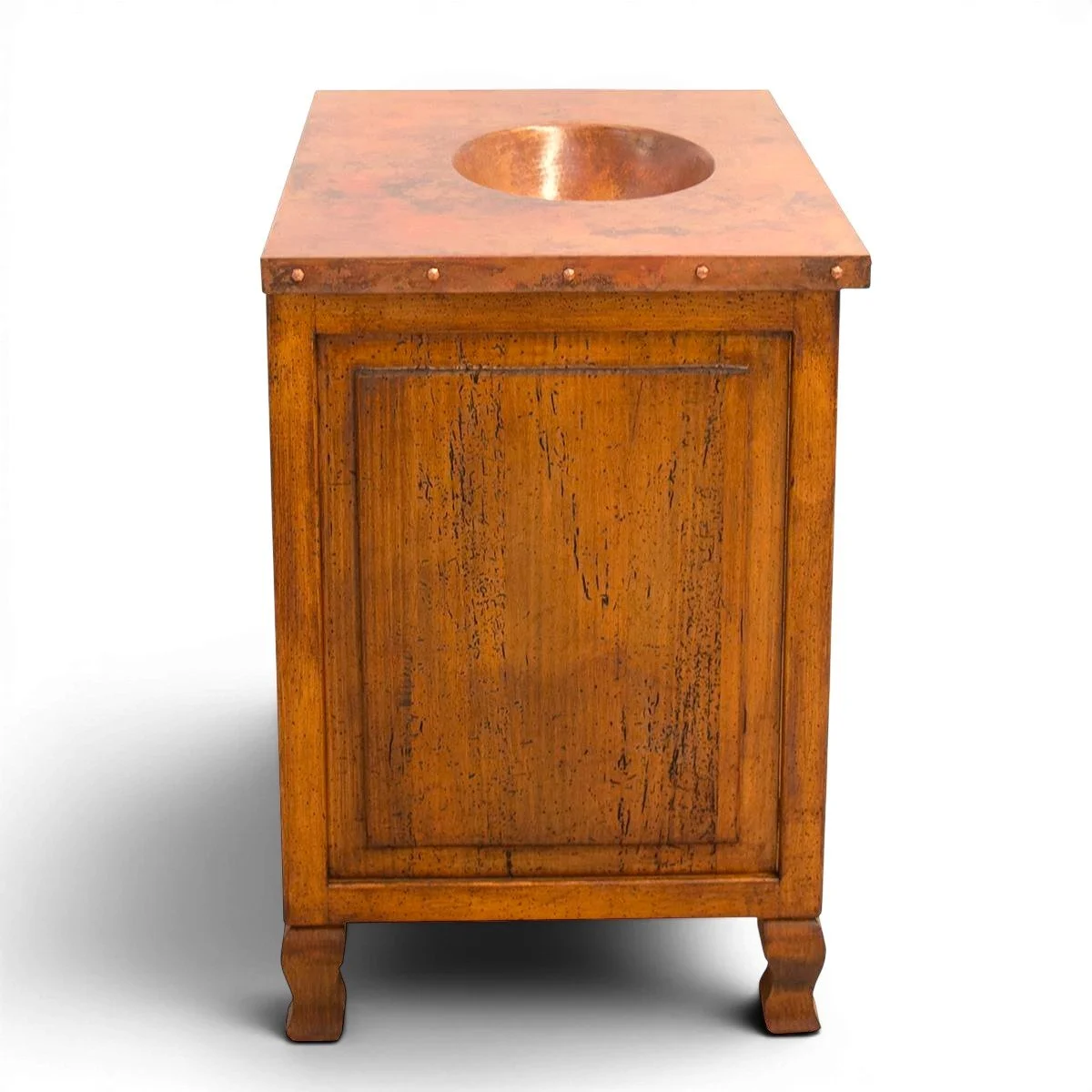 Handmade Peñasco copper bathroom vanity with single sink, copper top and doors, iron hardware, and dark wood finish.