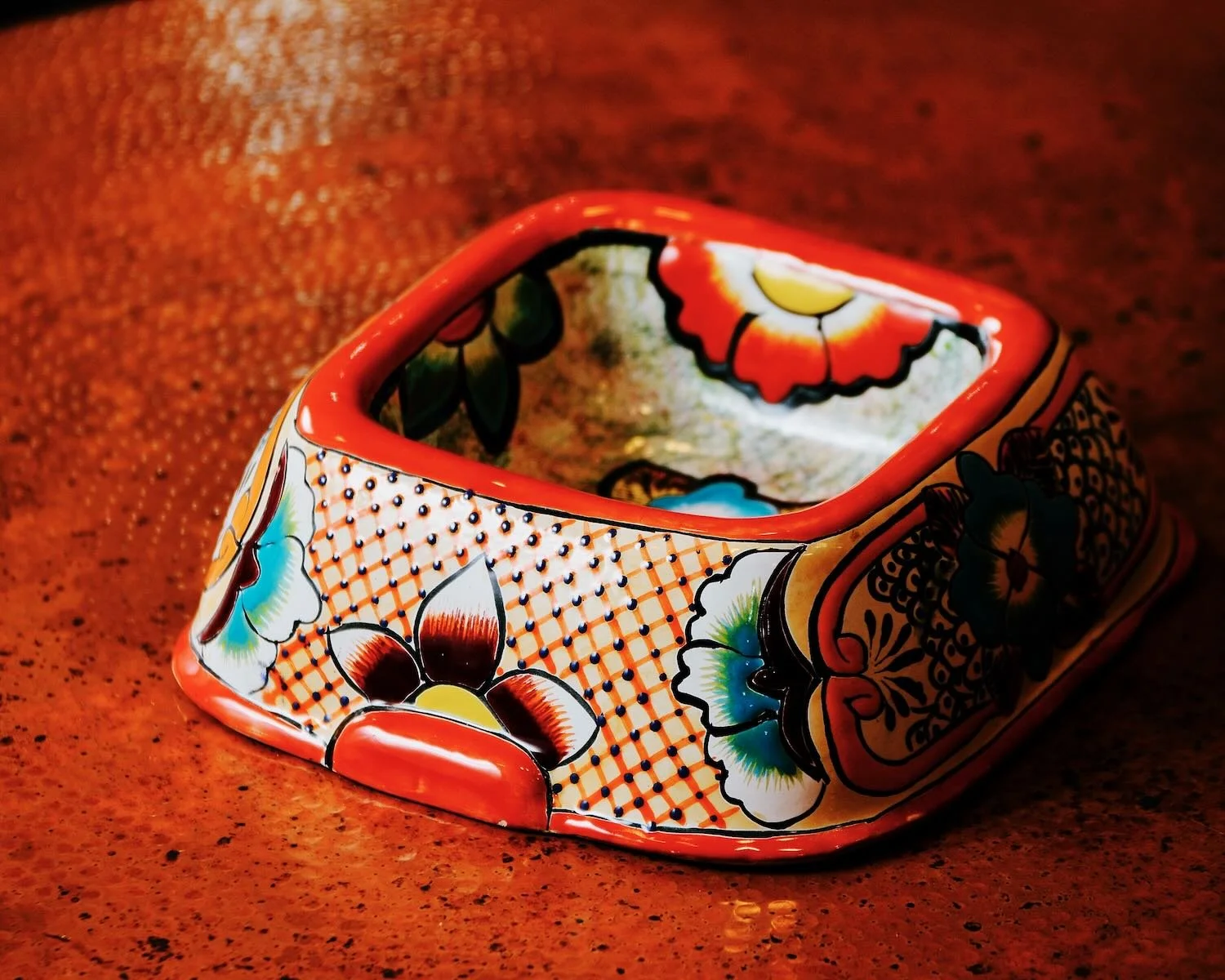 Talavera Square Dog Bowl - Orange
