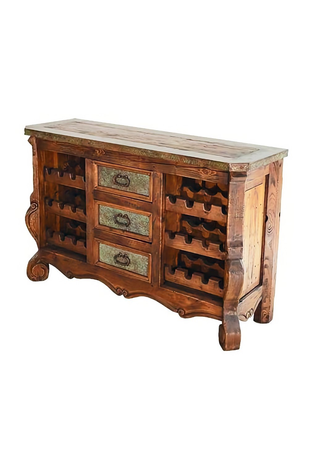 Shop the Rio Rico Copper Wine Console handmade in Mexico. Solid wood with dark stain, wine rack, carved details, and verdigris copper accents for rustic luxury storage.