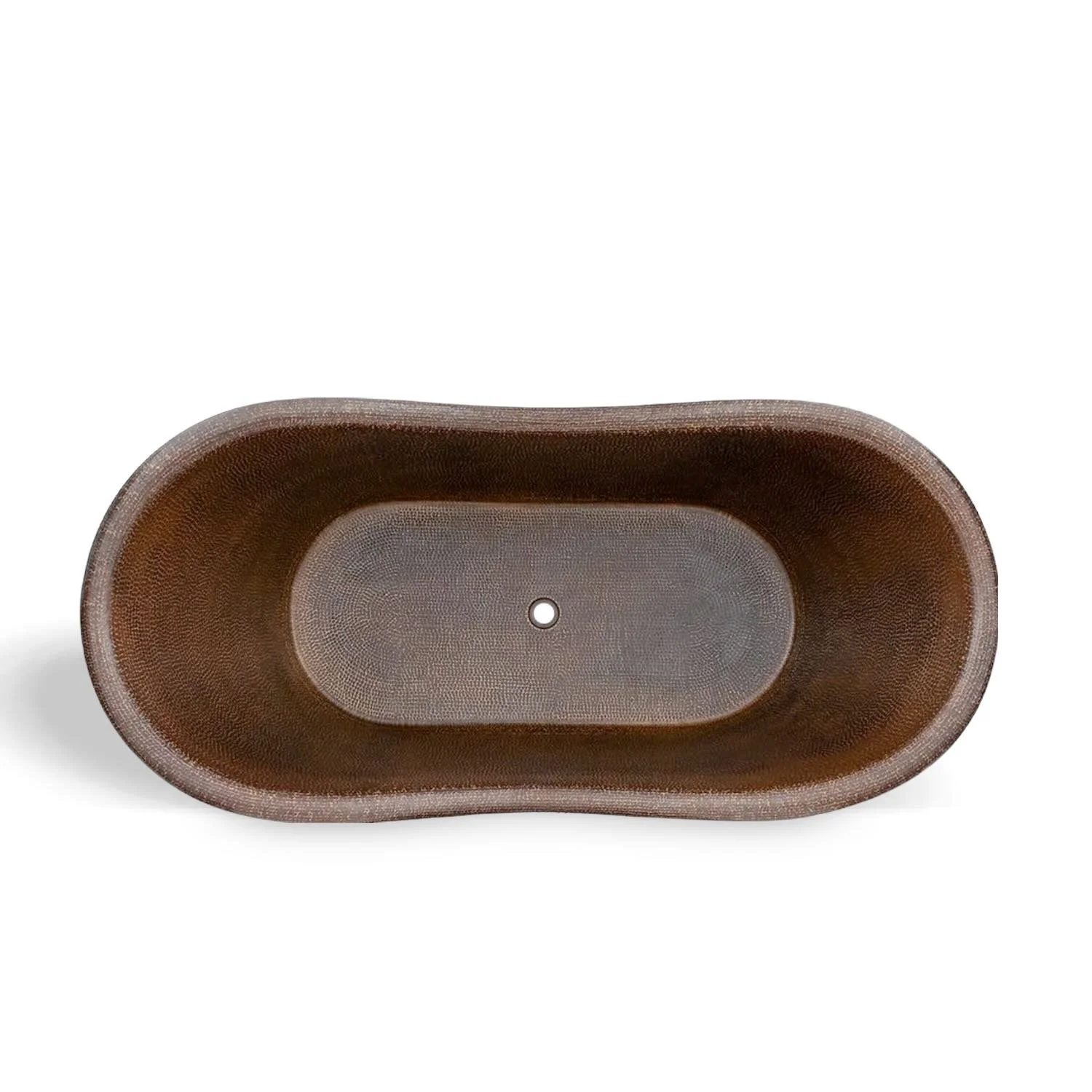 Handmade Hacienda 67-inch hammered copper double slipper bathtub with oil rubbed bronze finish crafted in Mexico.