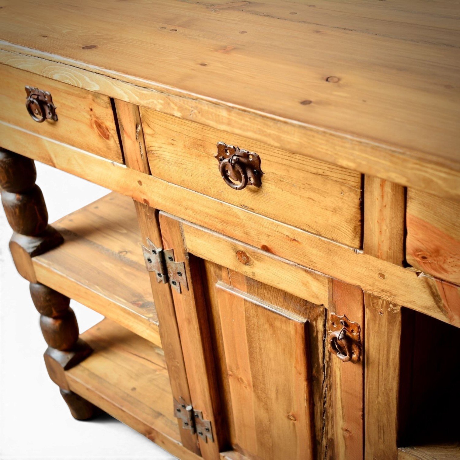 Handmade Mexican reclaimed wood kitchen island with turned legs and hacienda design