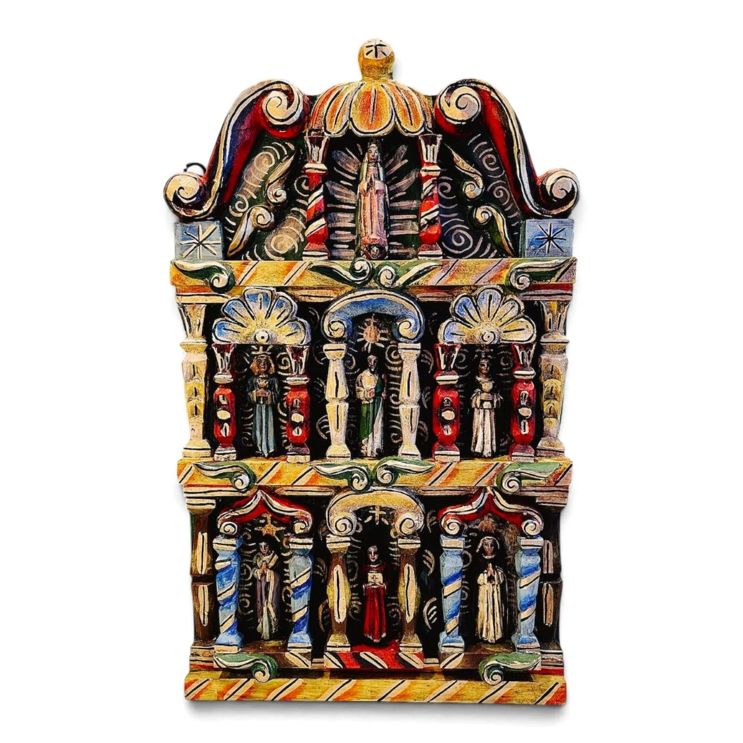 Handmade carved wood retablo wall art in bold red, three-level design