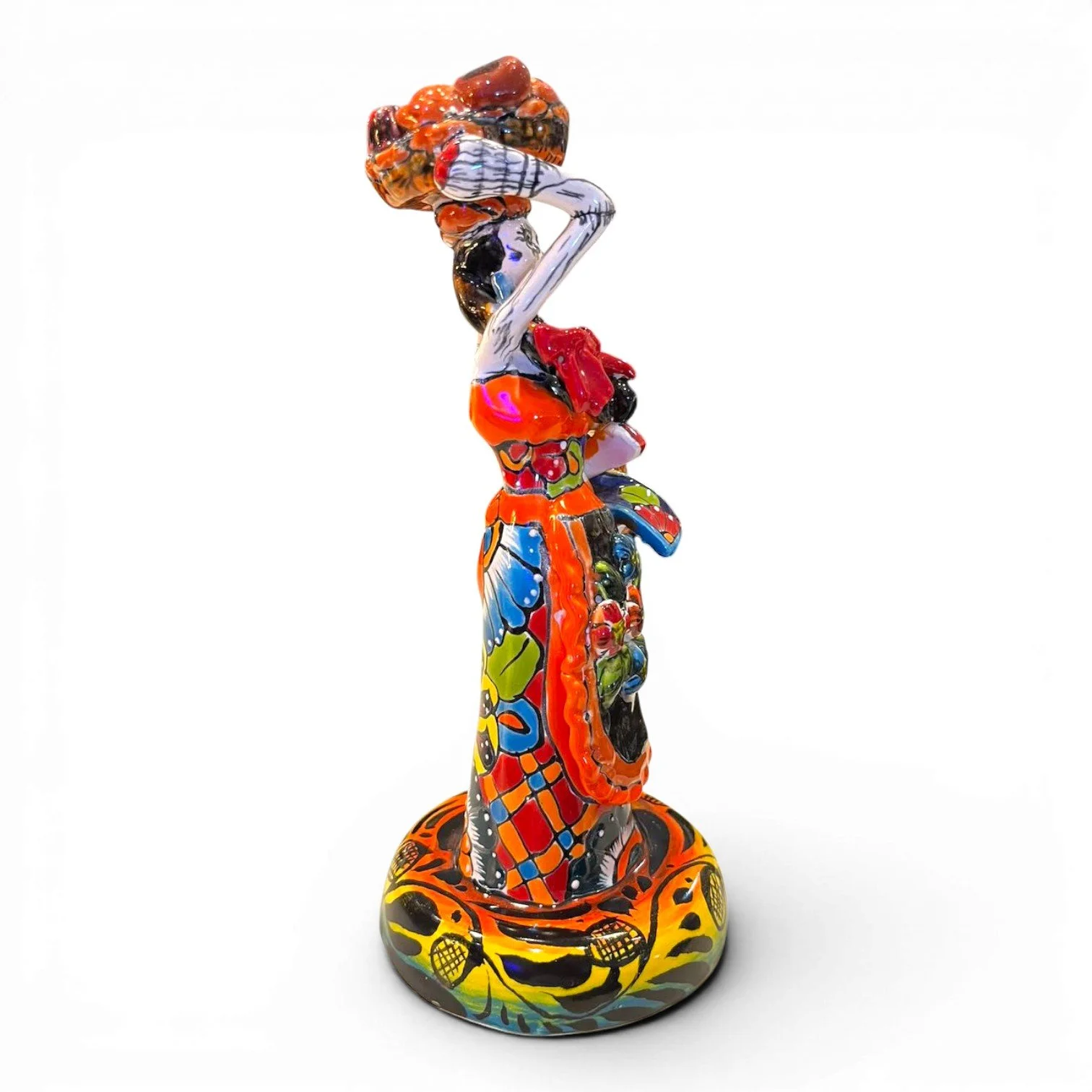 Handmade Mexican Catrina folk art figure with fruit basket, colorful dress and apron