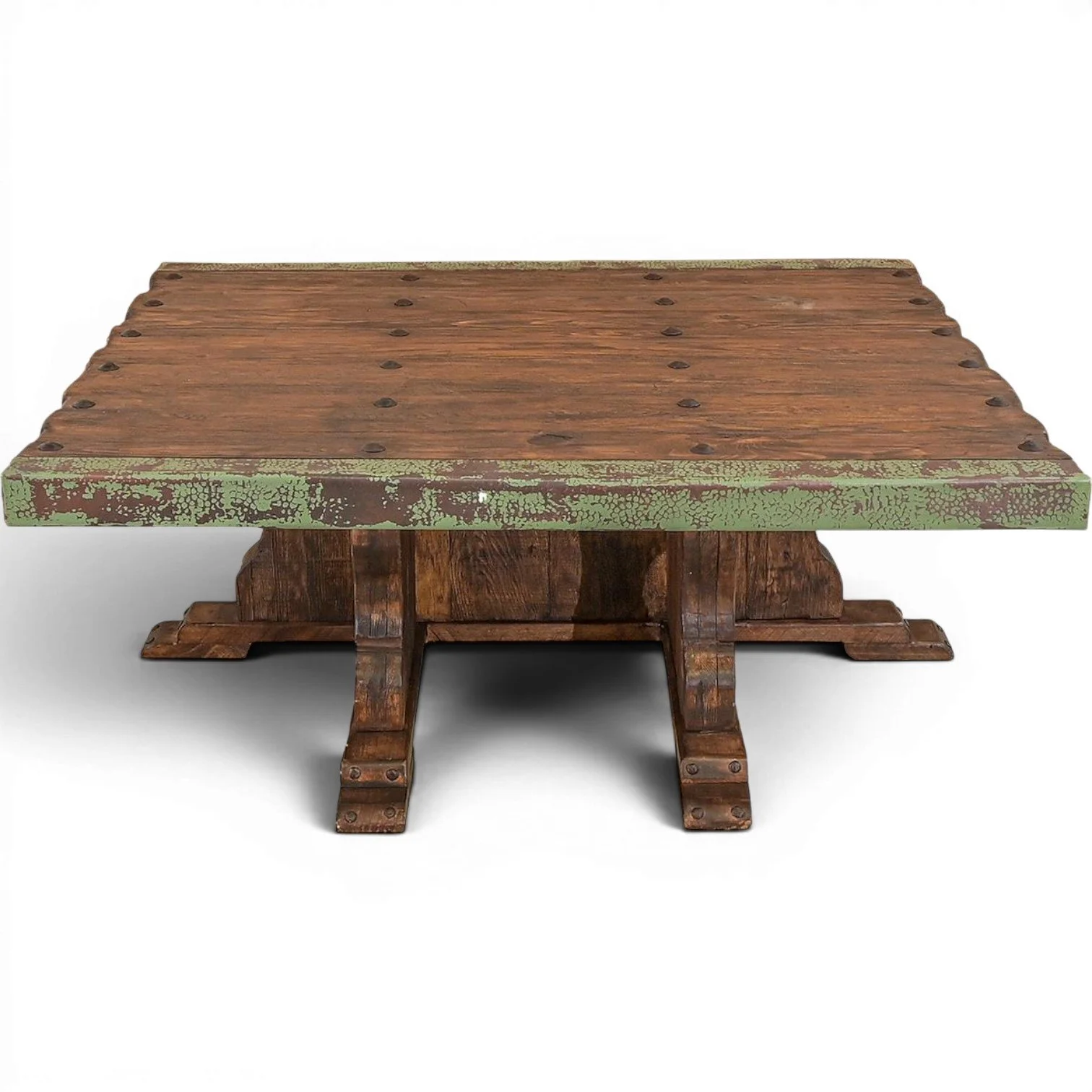 Handmade Amaya Cobre Coffee Table crafted from reclaimed wood with turquoise copper trim, iron clavos accents, and rich dark stain finish.