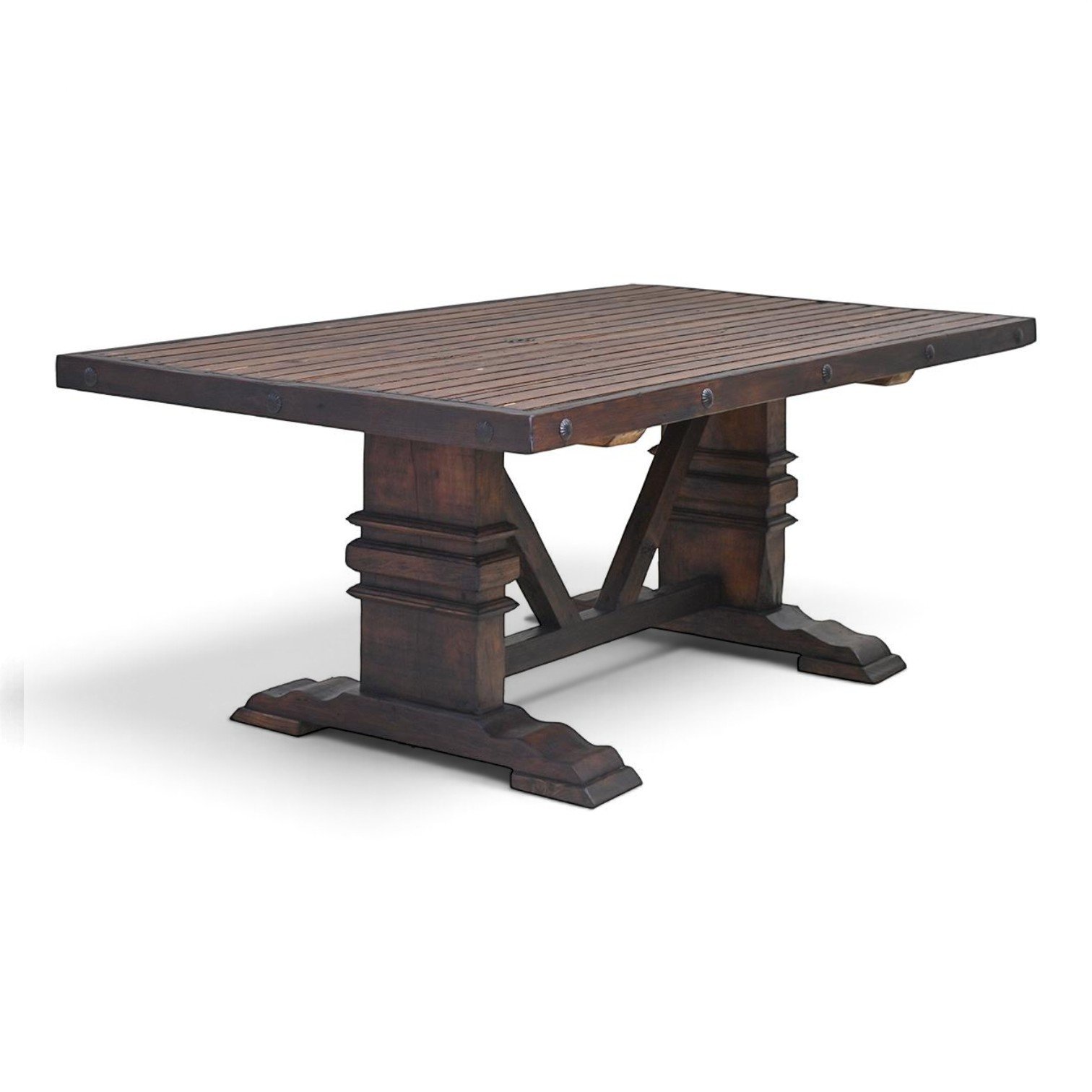 Handmade distressed slat top dining table with trestle base