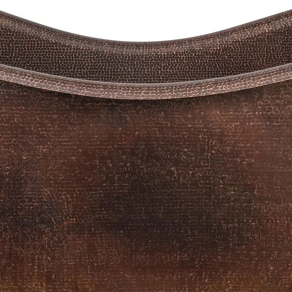 Handmade Hacienda 67-inch hammered copper rectangular bathtub with integrated towel bars and oil rubbed bronze finish.