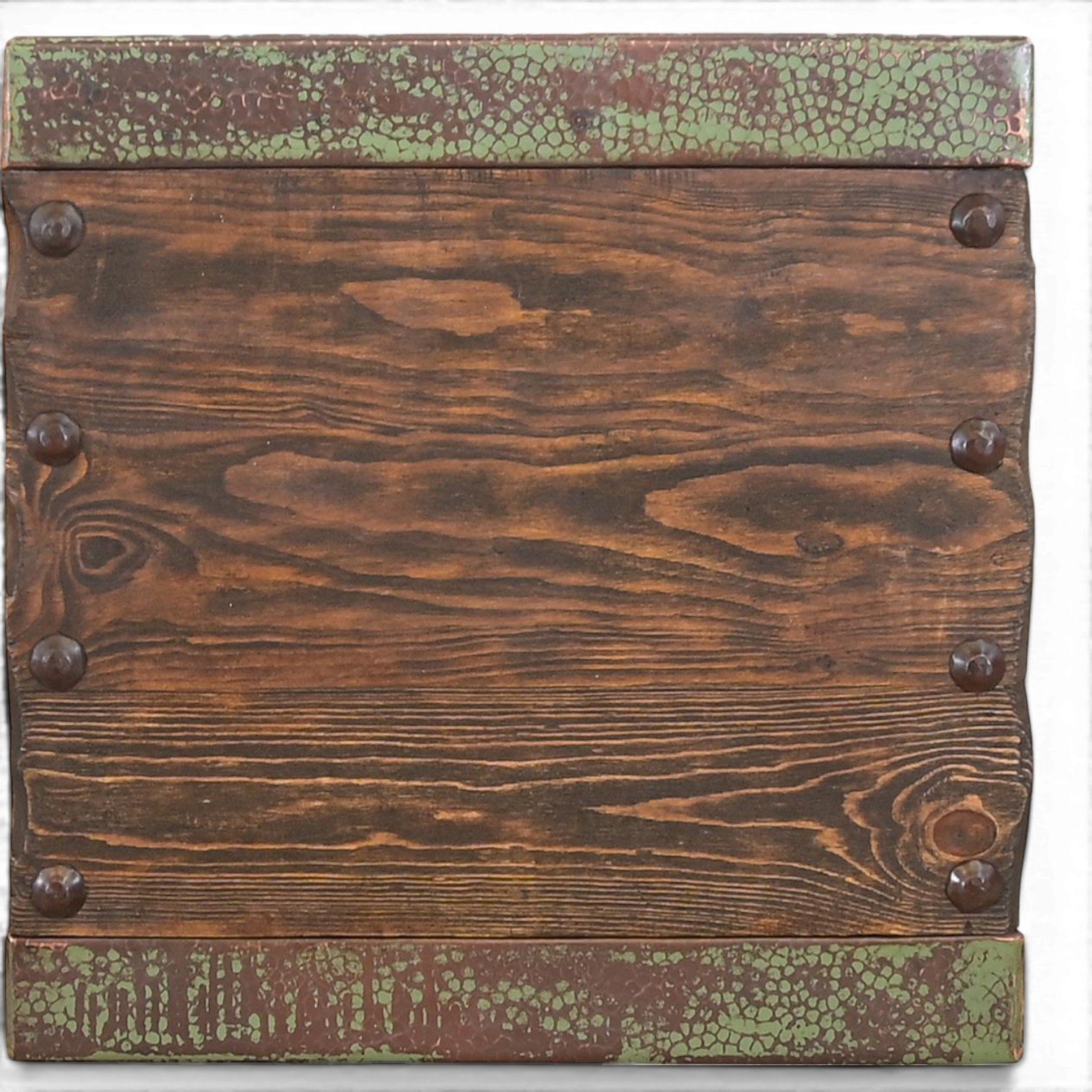 Handmade Amaya Cobre End Table with reclaimed wood construction, turquoise copper trim, and decorative iron clavos accents.