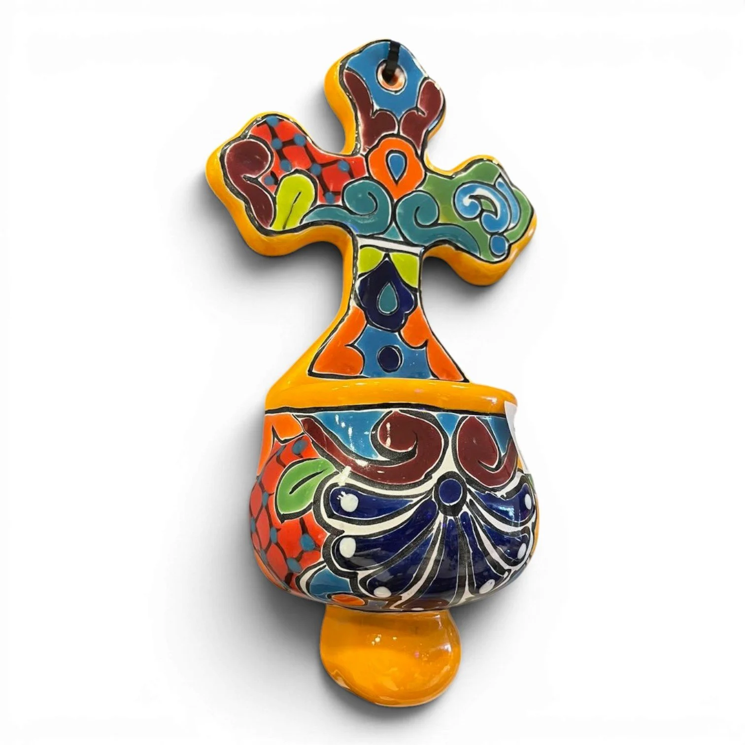 Handmade Mexican Talavera Holy Water Font with colorful hand-painted ceramic design