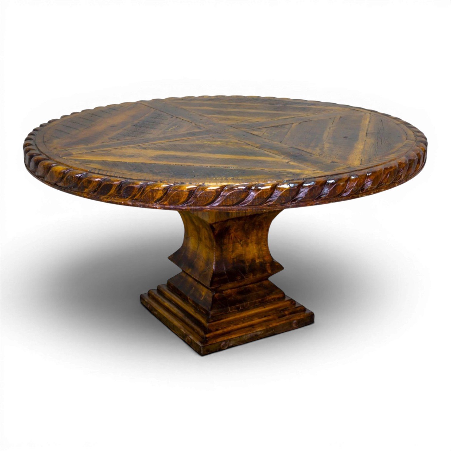 Handmade Mexican round reclaimed wood dining table with hand-carved rope edge