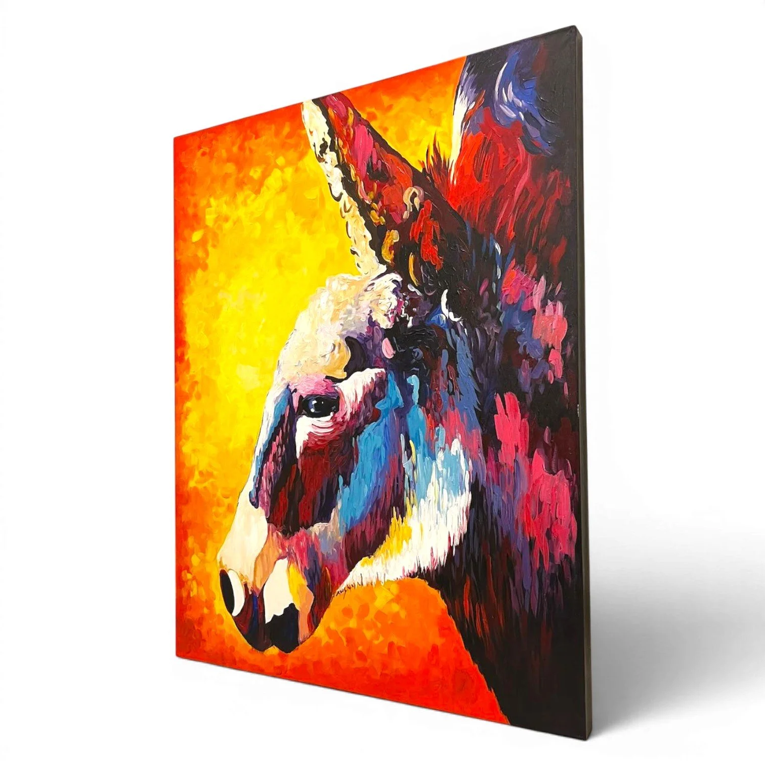 Hand-painted colorful Mexican donkey canvas artwork with textured finish