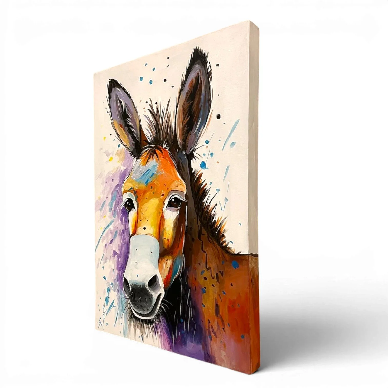 Hand-painted Mexican donkey canvas artwork in soft pastel colors