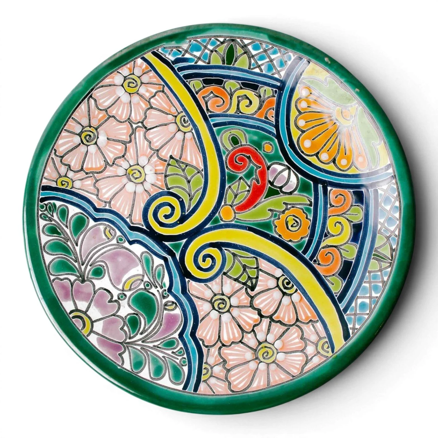 Handmade Mexican Talavera 12-inch dinner plate with colorful hand-painted design and assorted rim colors