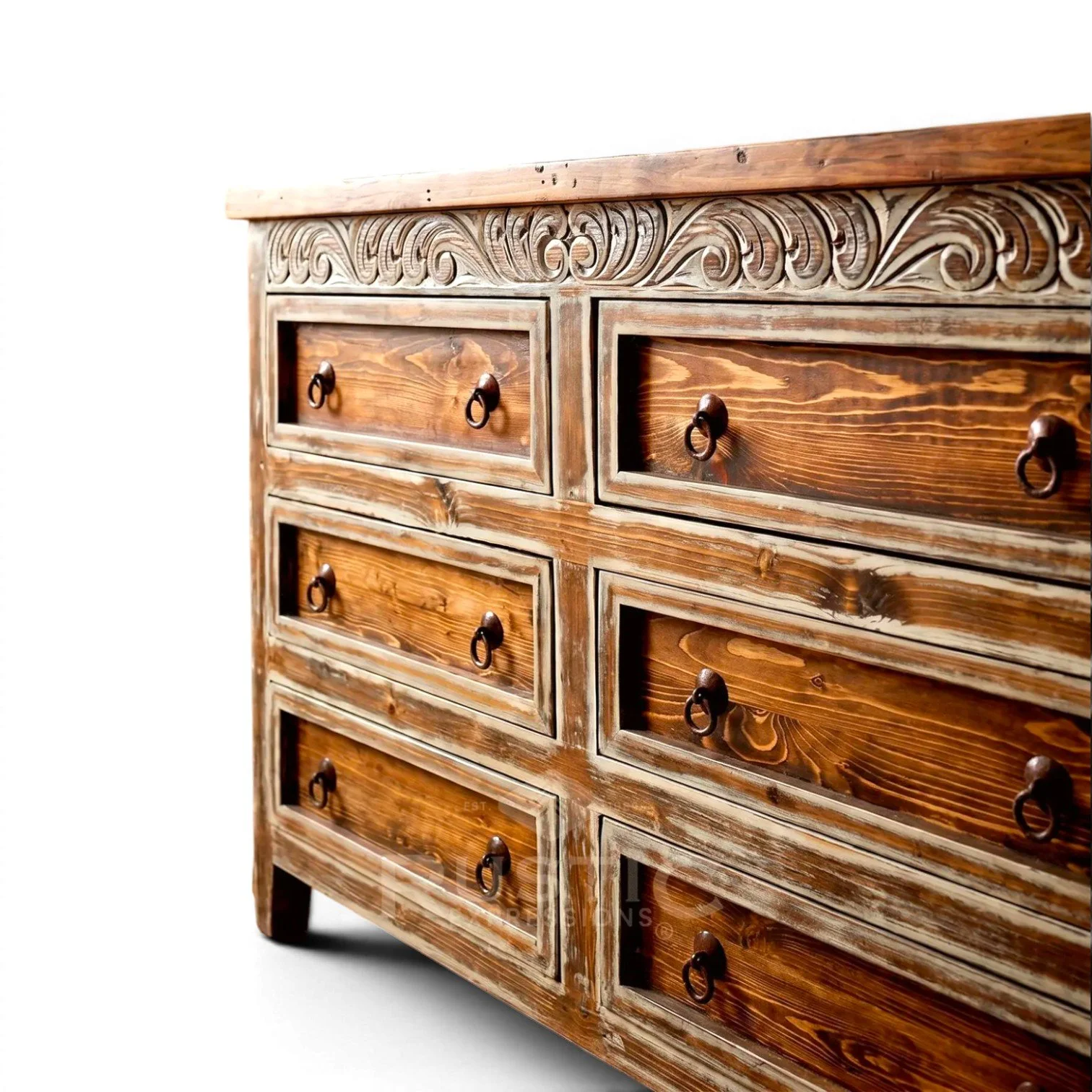 Las Conchas handcrafted Mexican reclaimed wood dresser with white wash finish and hand-carved details