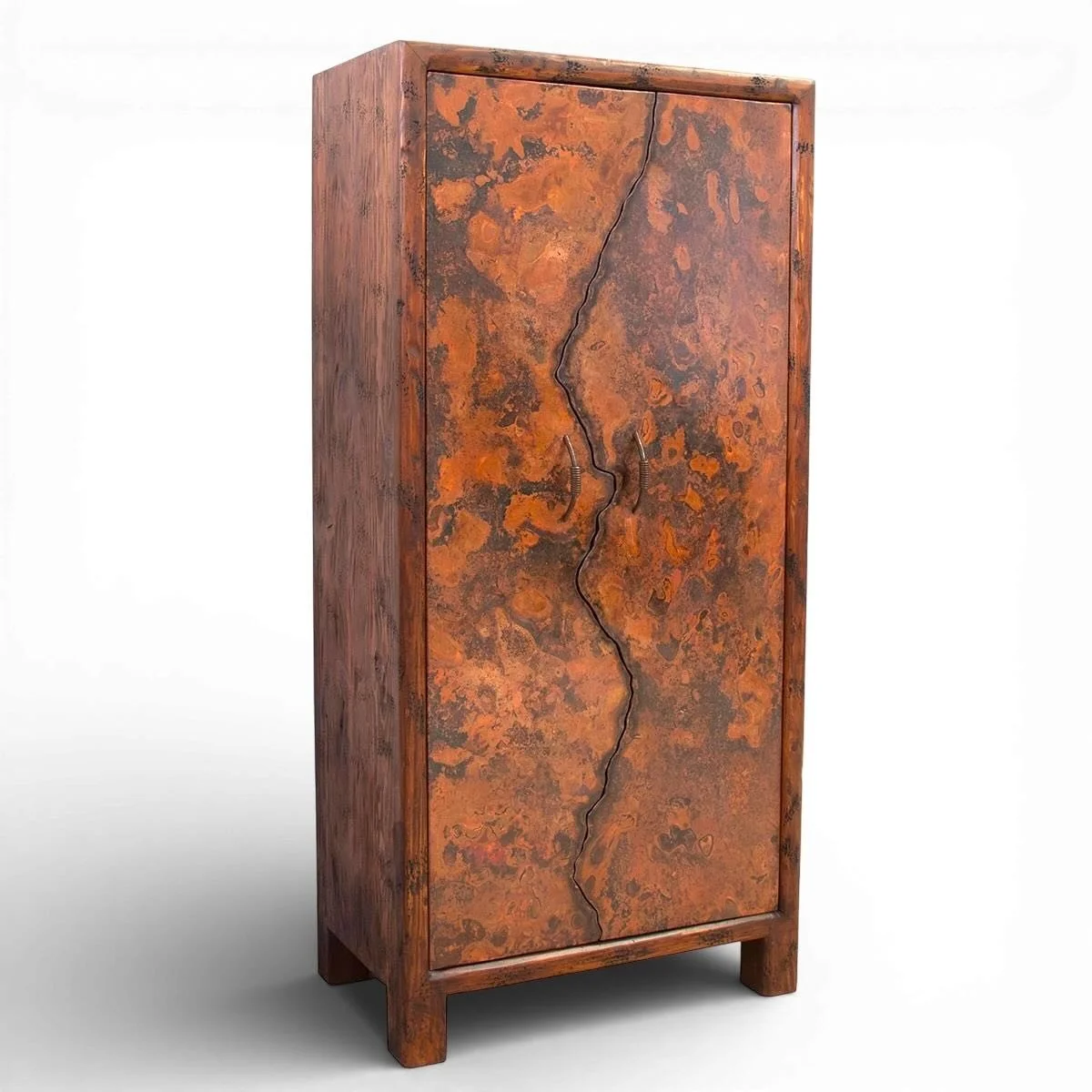 Handmade Mexican Volcán Copper Wine Cabinet with live edge hand-pounded copper doors, solid wood construction, and dark stained finish.