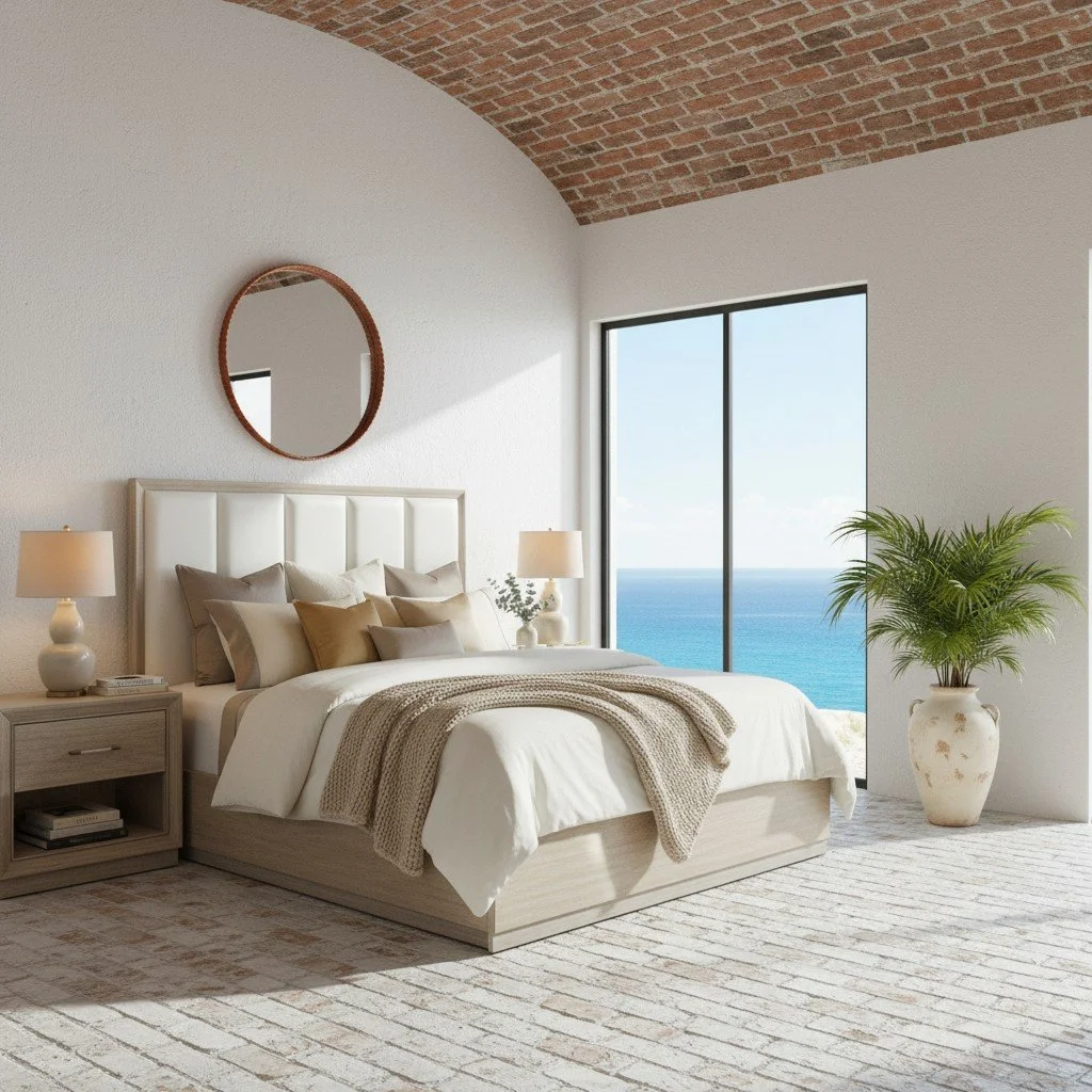 Modern platform bed with vertical leather panel headboard and light gray wood frame