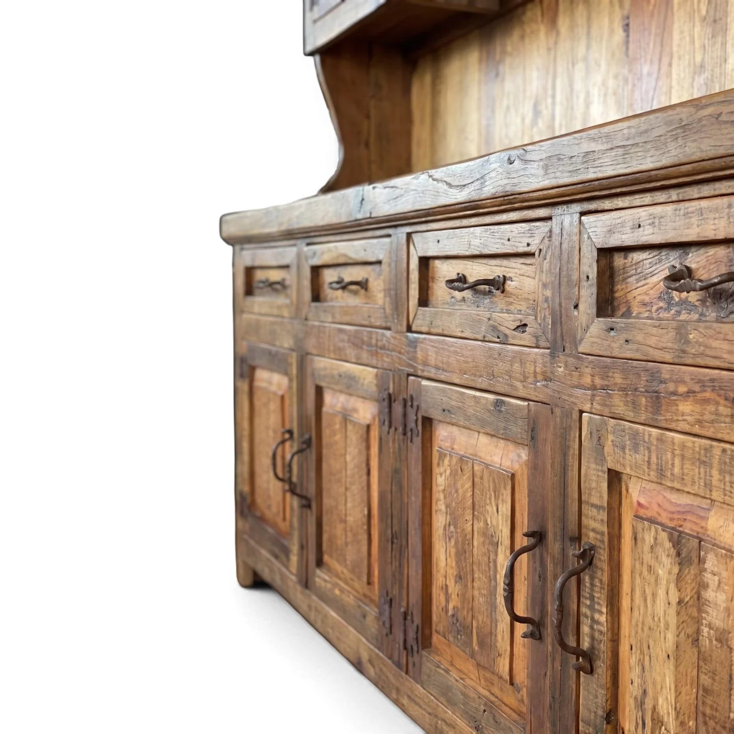 Handmade Mexican reclaimed wood china hutch with iron hardware and dark stain