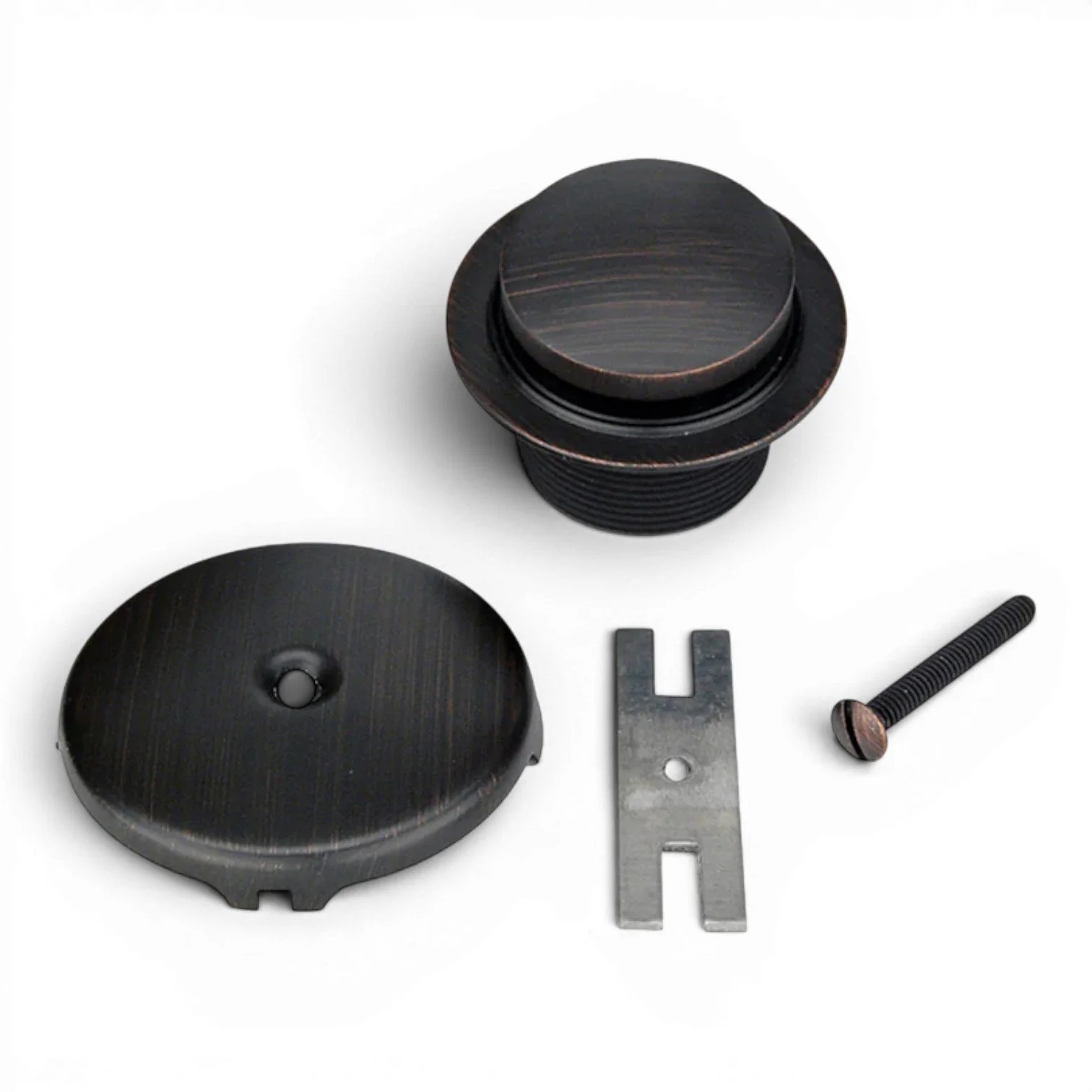 Solid brass polished copper bathtub drain trim with single-hole overflow cover and push-pop toe-click drain. Oil Rubbed Bronze