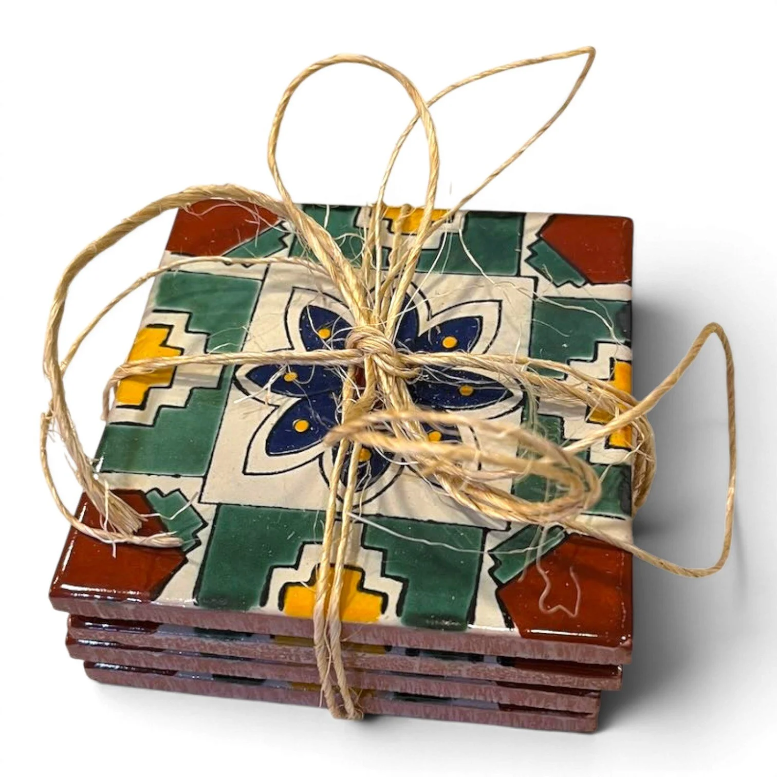 Set of four colorful Talavera tile coasters with hand-painted Mexican pottery designs