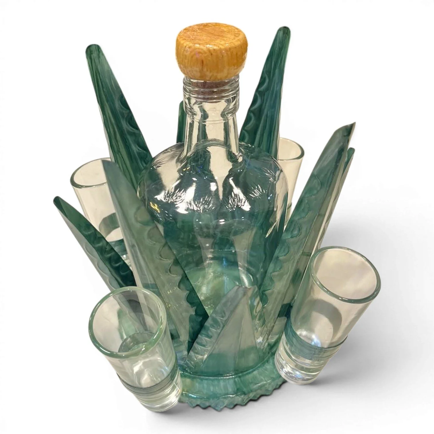 Small handmade Mexican metal agave tequila set with agave green holder, tequila bottle, and four shot glasses