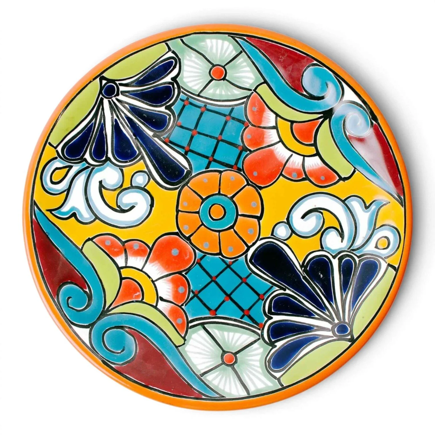 Handmade Mexican Talavera 12-inch dinner plate with colorful hand-painted design and assorted rim colors