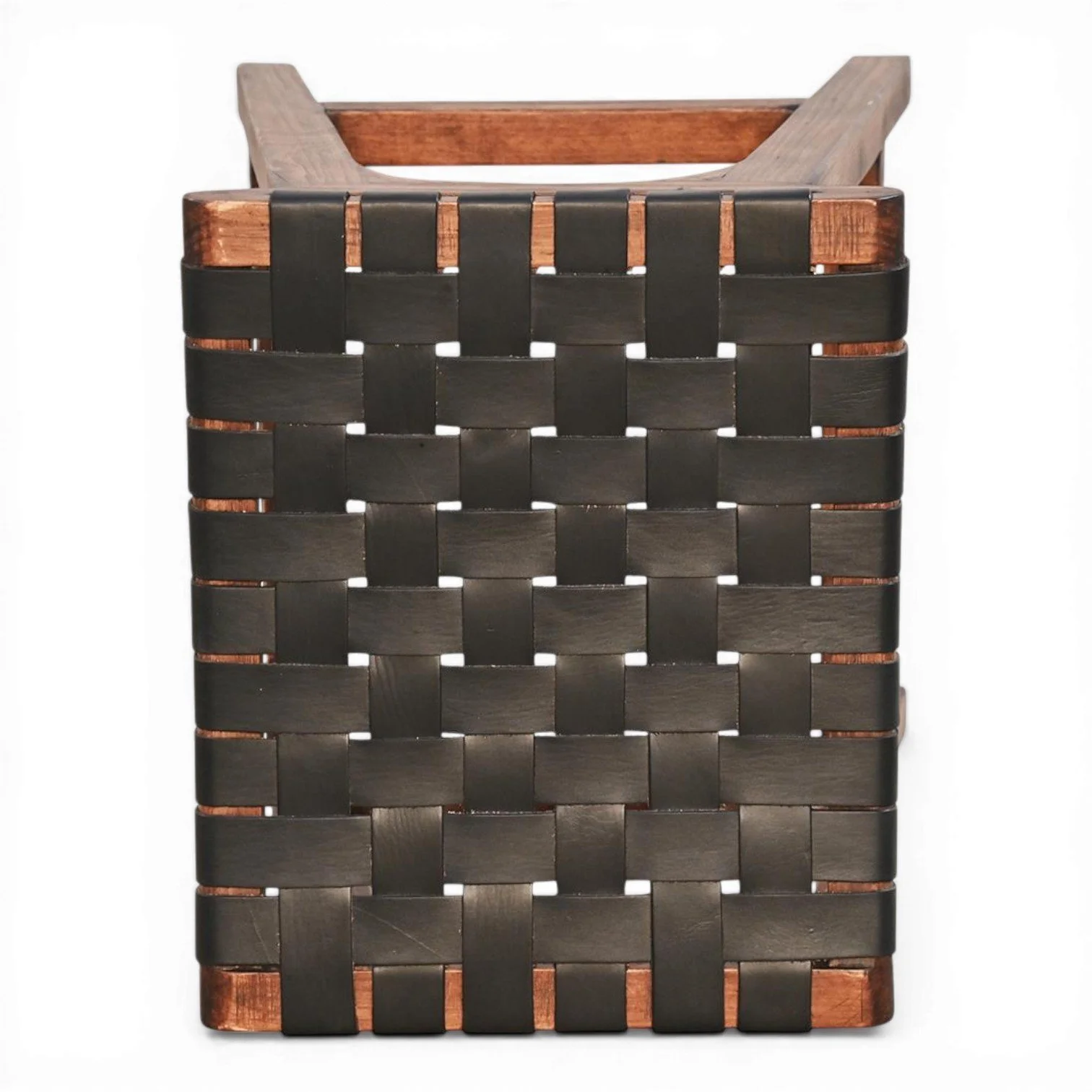 Handmade Cambria black crisscross leather bar stool with dark wood frame crafted in Mexico.