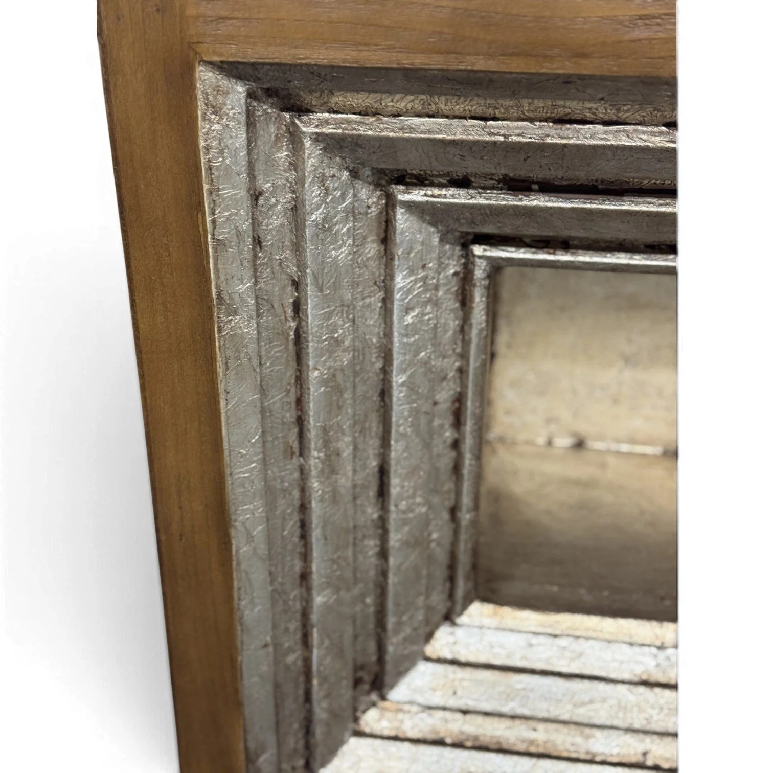 Handmade wood console table with silver-copper metallic detailing