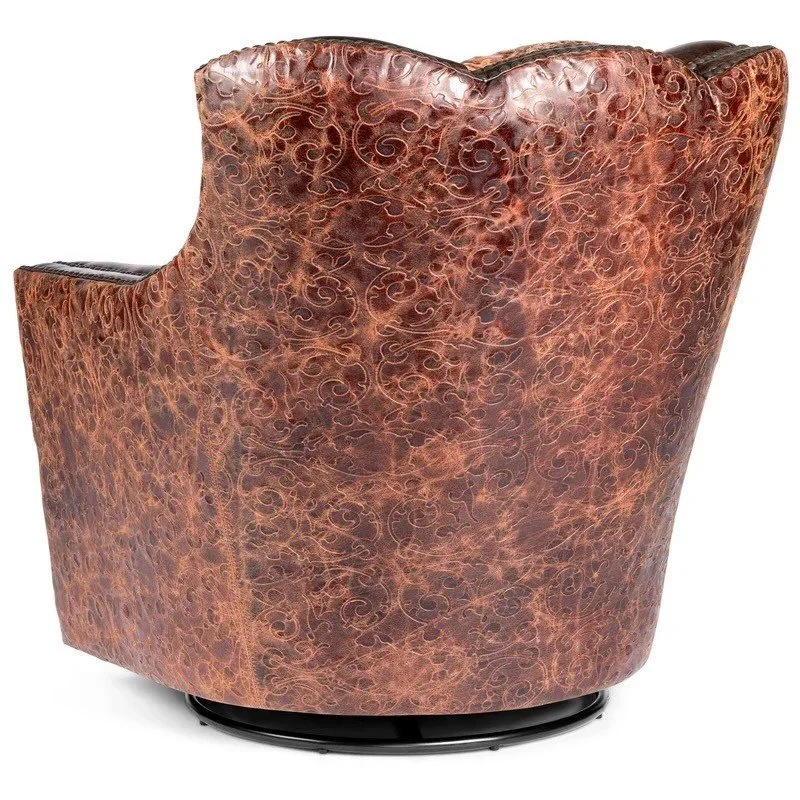 The Virginia City Tooled Leather Swivel Chair features premium top-grain leather, hand-tooled detailing, and smooth swivel functionality for refined Western luxury comfort.