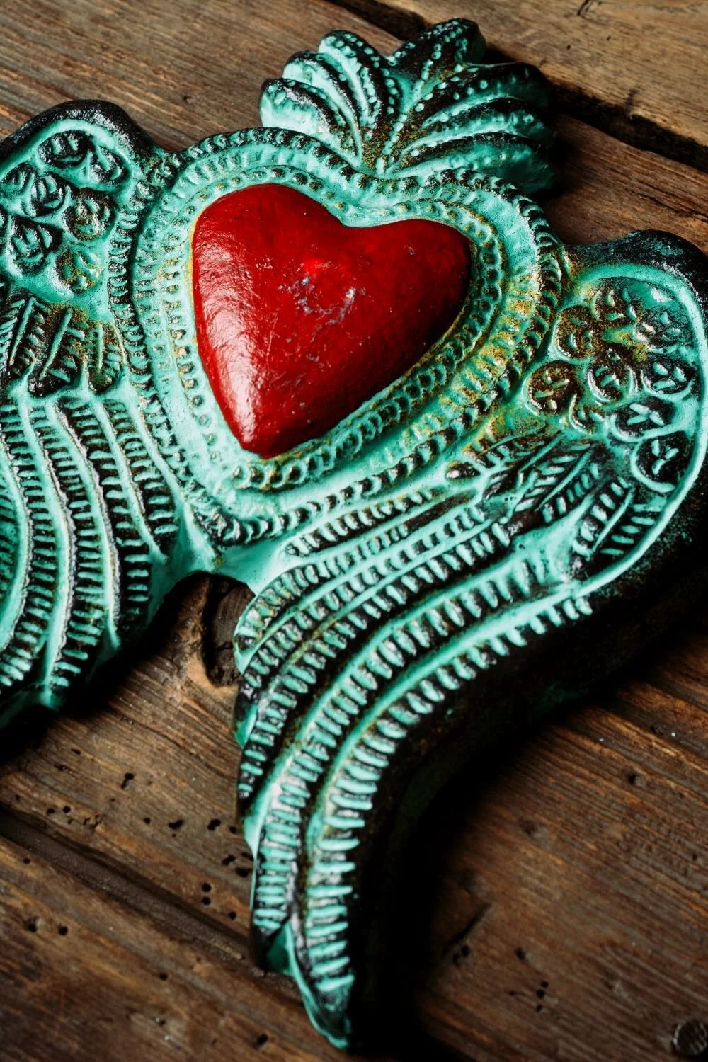 Turquoise Clay Heart with Wings – Handmade Mexican Wall Art
