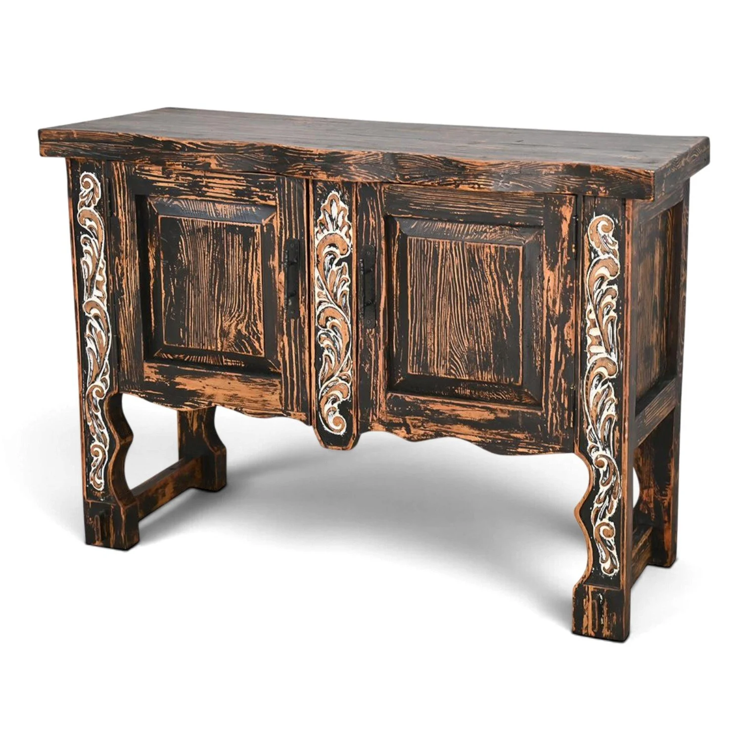 Villa Hidalgo cabinet with hand-carved details and distressed black wash finish, handmade in Mexico
