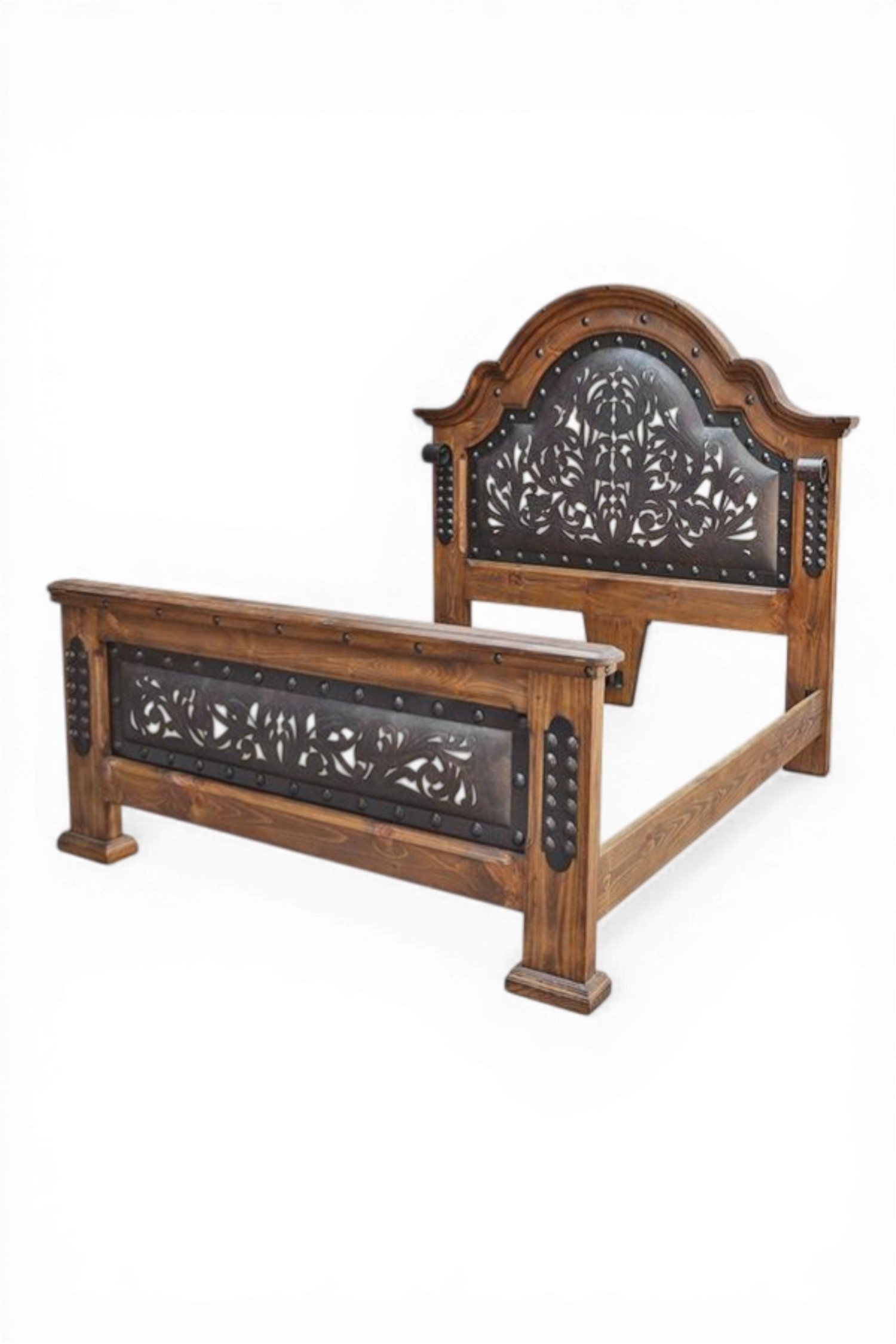 Shop a handmade tooled leather bed from Mexico. Rustic hacienda-style bed with carved wood, iron accents, and artisan craftsmanship.