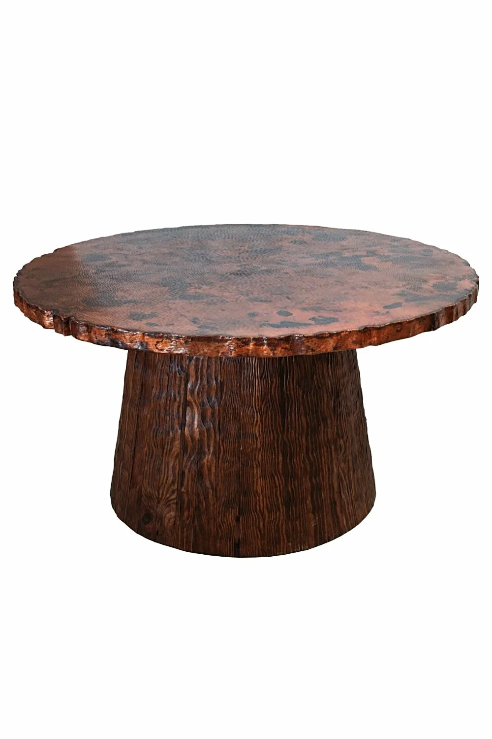 Shop the Camarena Cobre Dining Table handmade in Mexico. Solid wood base with hand-pounded live edge copper top, rustic luxury design, and artisan craftsmanship for elegant dining spaces.