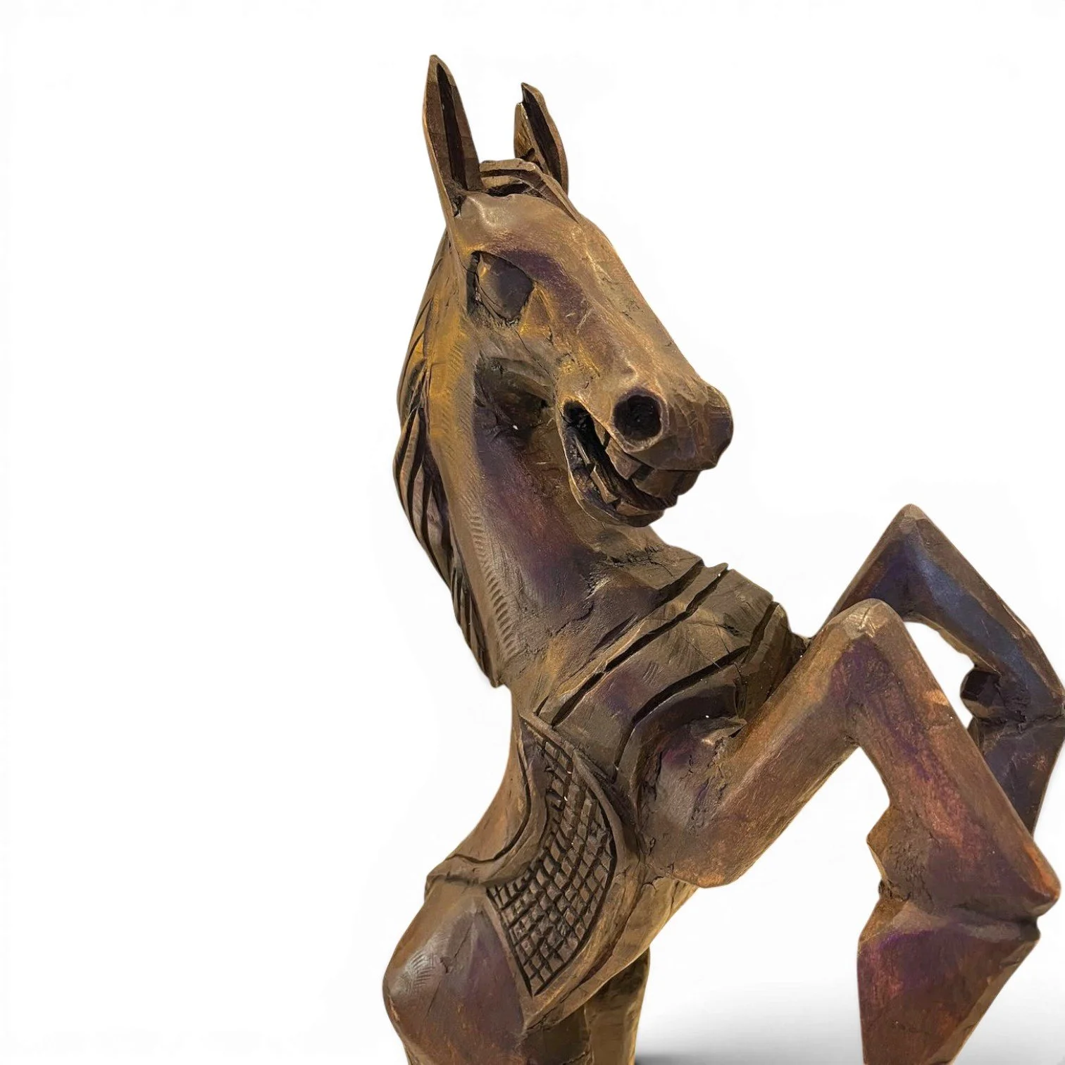 Handmade Mexican hand-carved wood horse sculpture featuring a rich dark finish and dramatic rearing pose, perfect for rustic décor.
